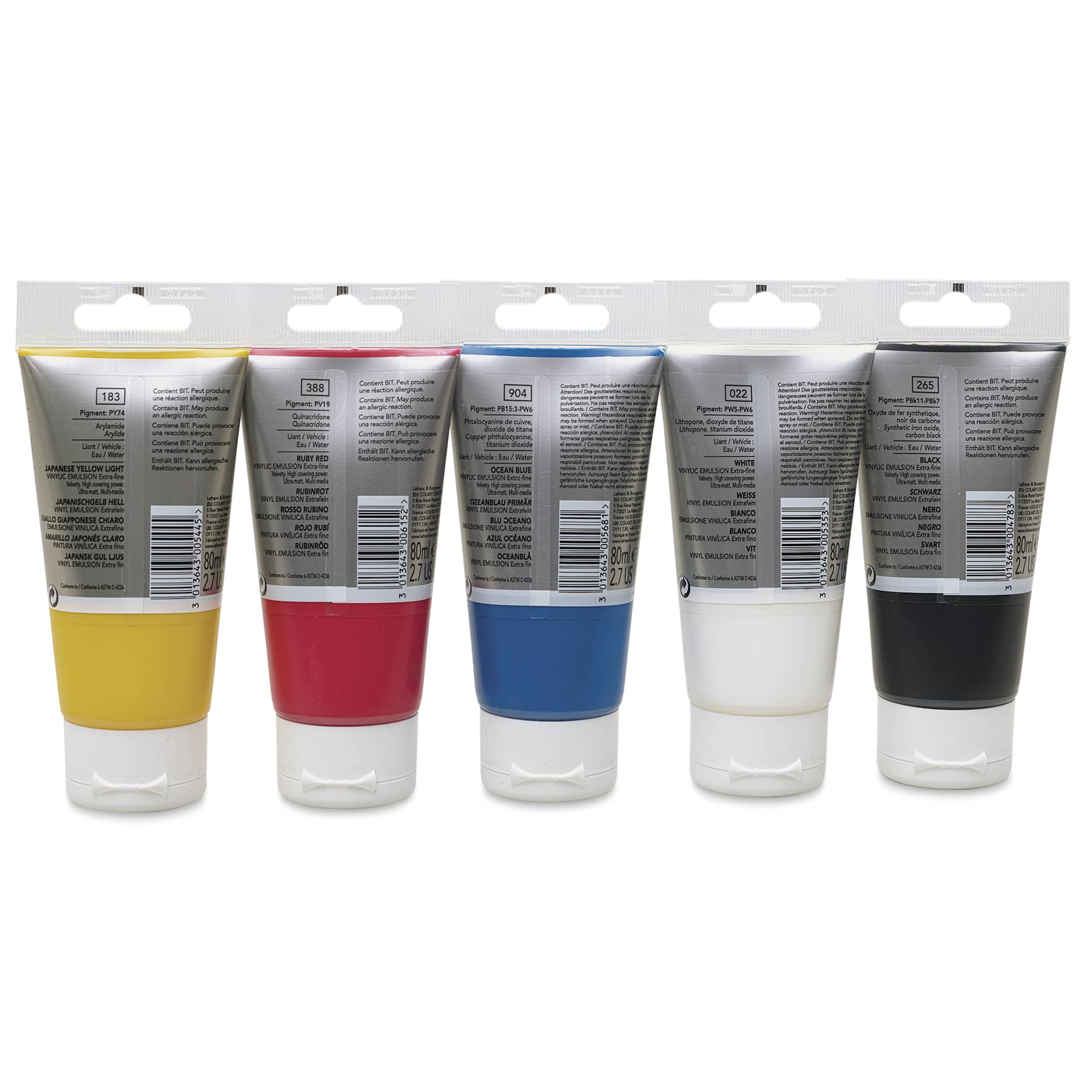 Lefranc & Bourgeois Flashe Vinyl Paint - Basics Set of 5, 80 ml, back of tubes