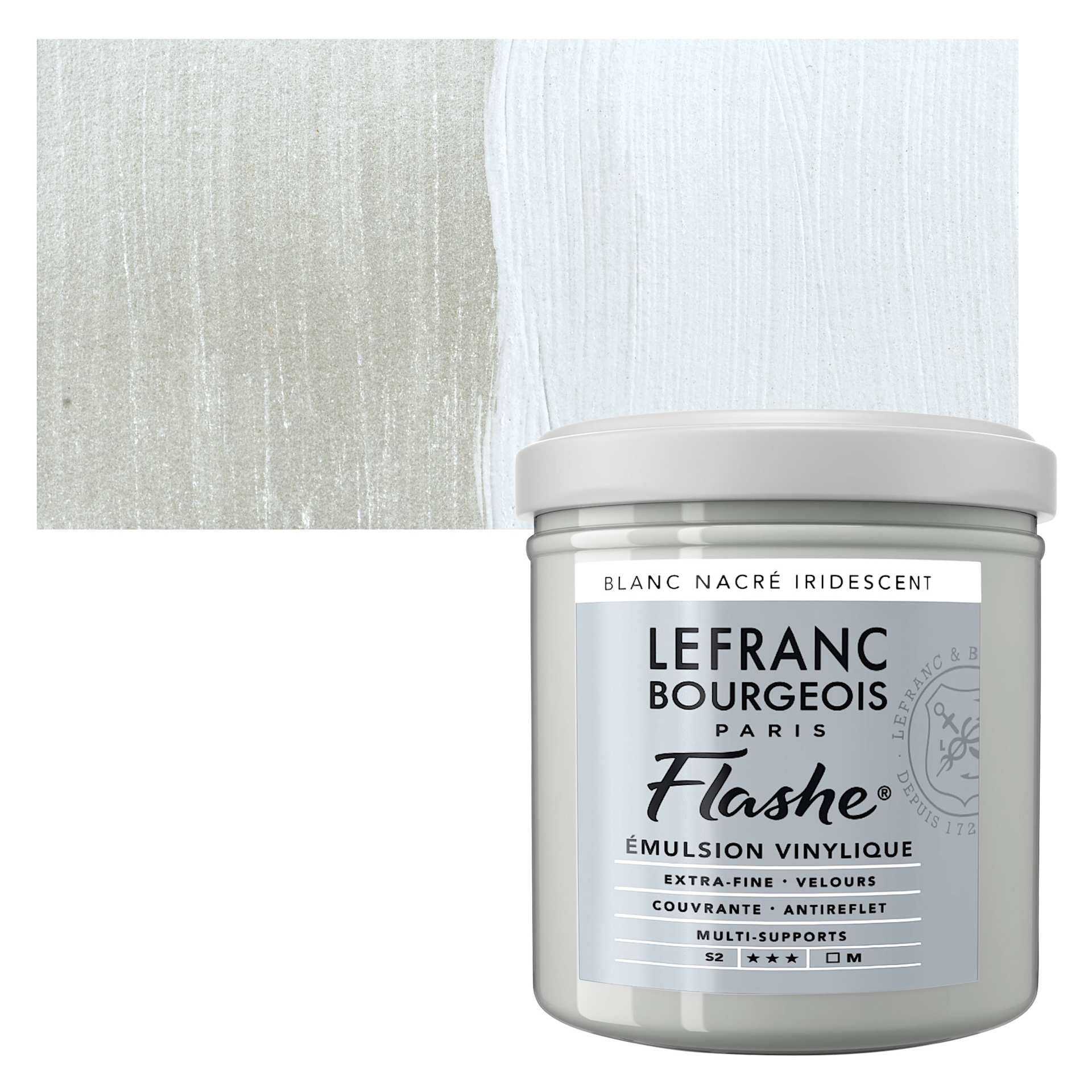 Lefranc & Bourgeois Flashe Vinyl Paint - Iridescent Pearl White, 125 ml jar and swatch