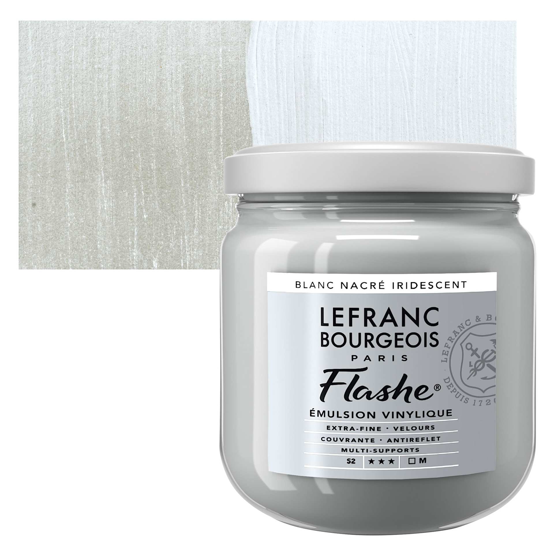 Lefranc & Bourgeois Flashe Vinyl Paint - Iridescent Pearl White, 400 ml jar and swatch Lefranc & Bourgeois Flashe Vinyl Paint - Iridescent Pearl White, 400 ml jar and swatch