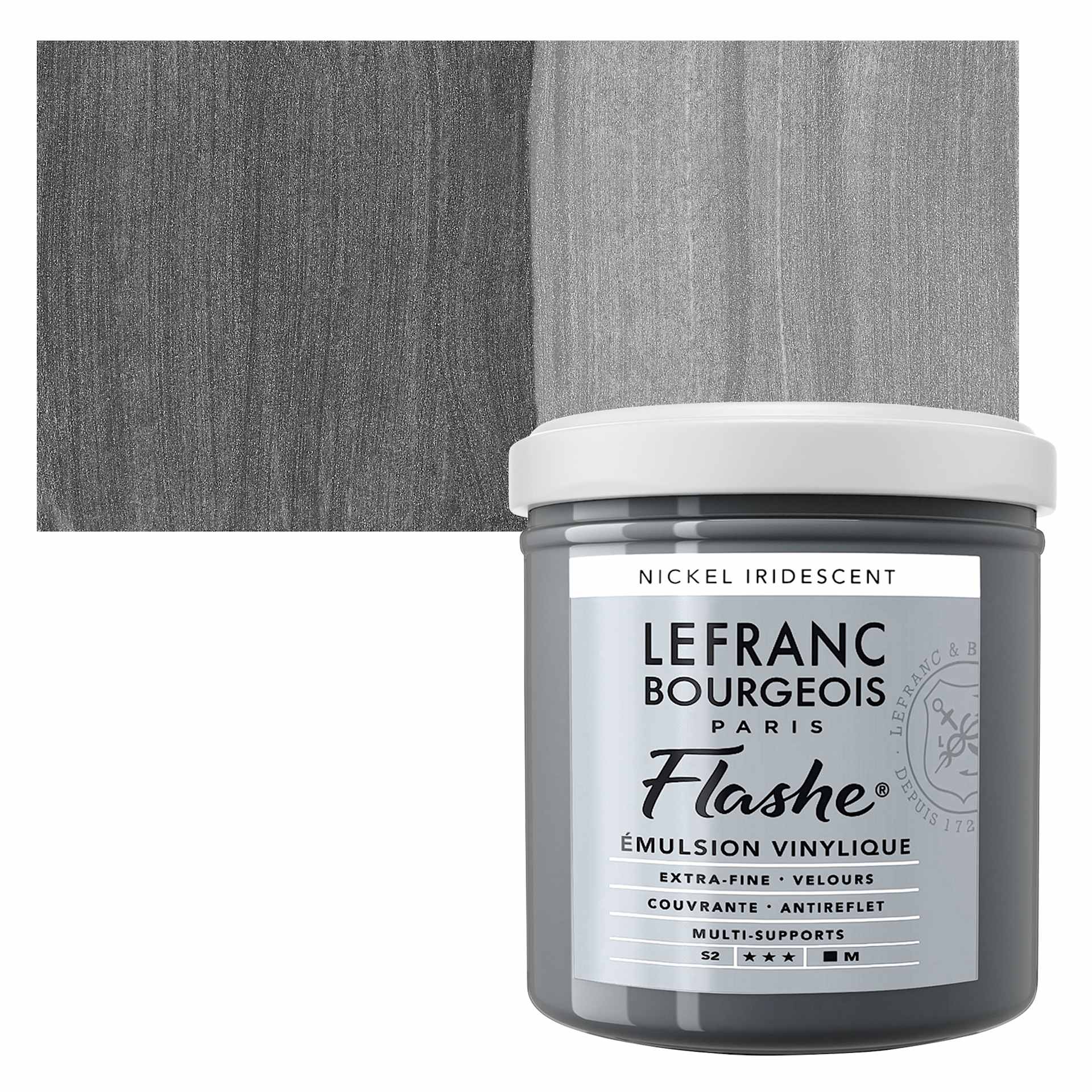 Lefranc & Bourgeois Flashe Vinyl Paint - Nickel, 125 ml jar and swatch