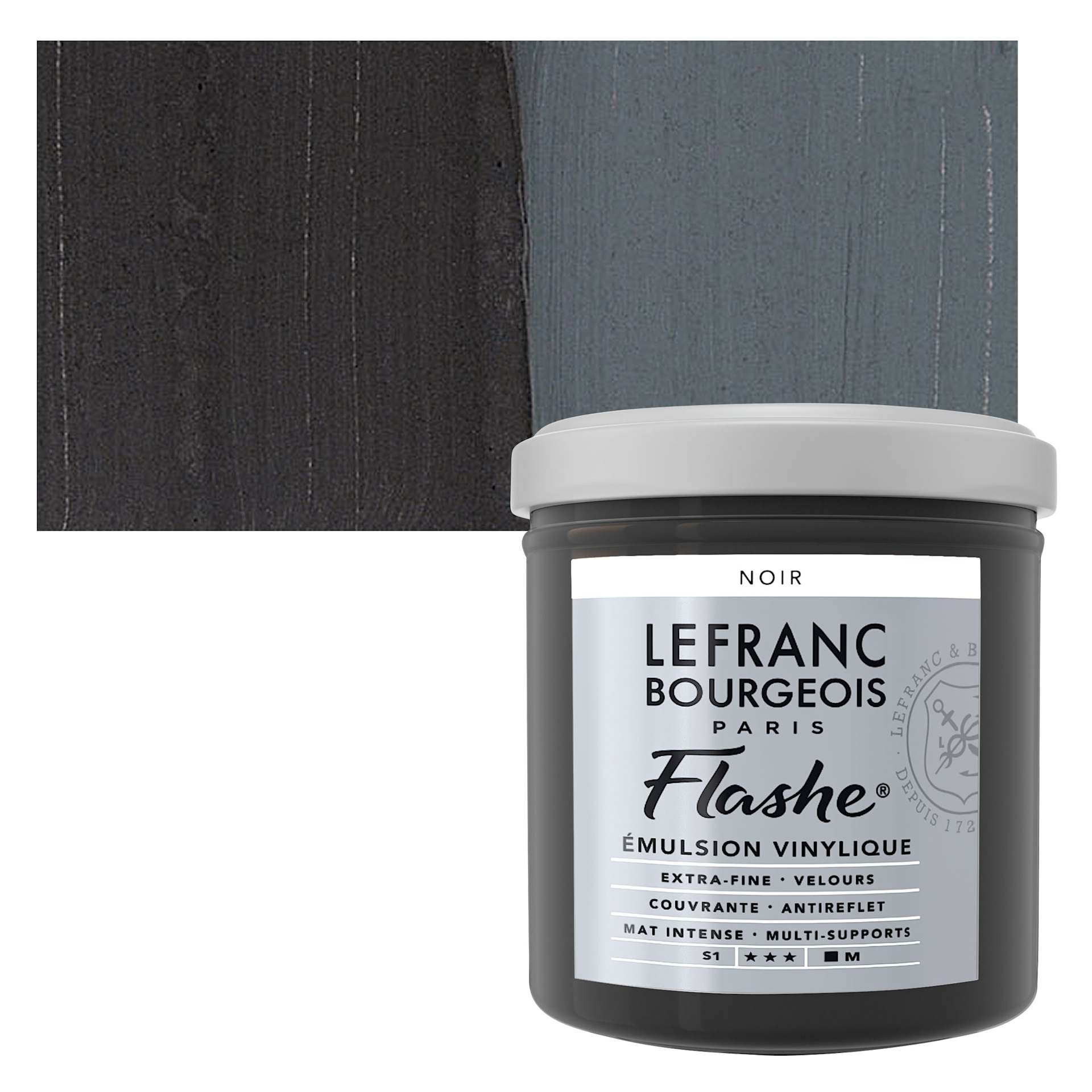 Lefranc & Bourgeois Flashe Vinyl Paint - Black, 125 ml jar and swatch