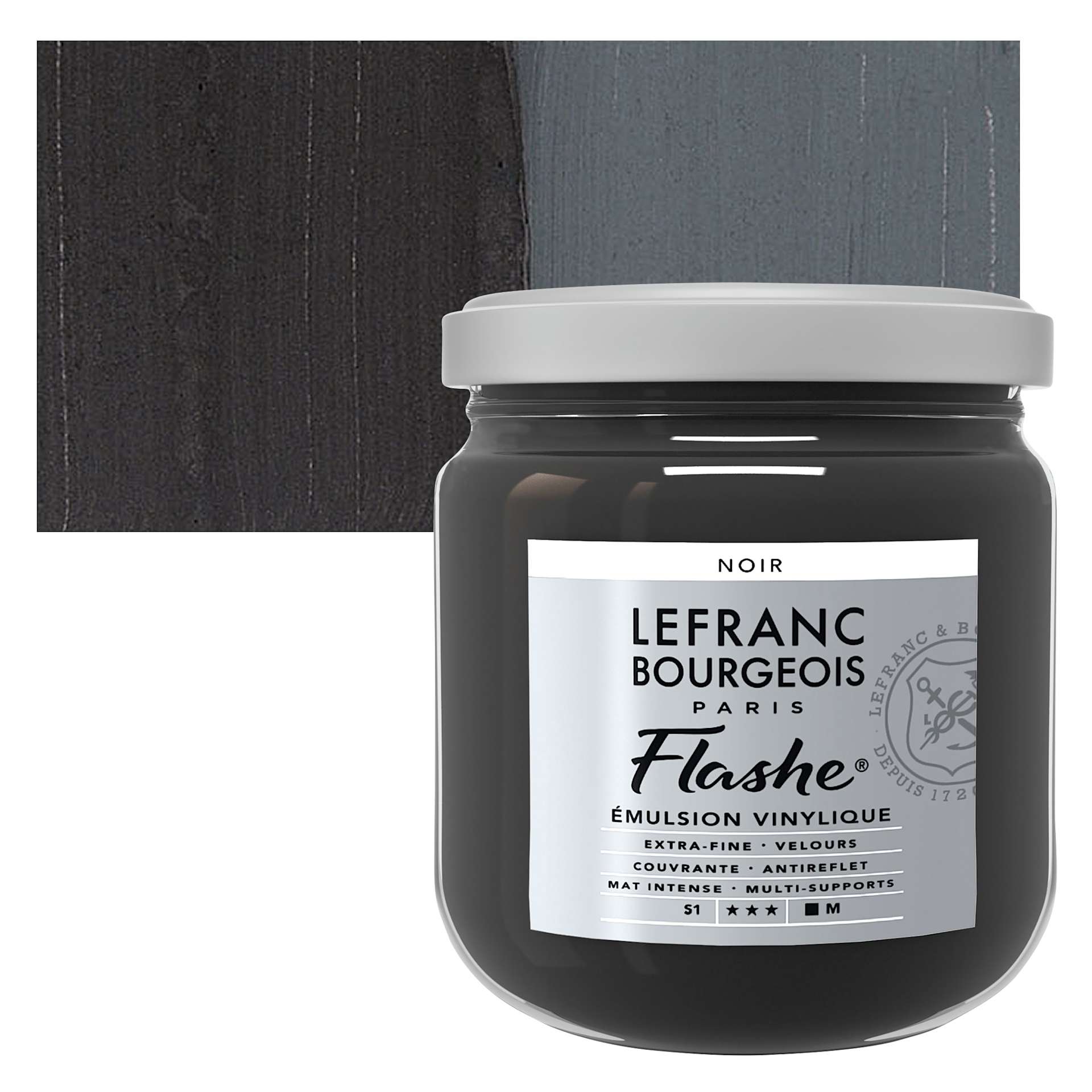 Lefranc & Bourgeois Flashe Vinyl Paint - Black, 400 ml jar and swatch