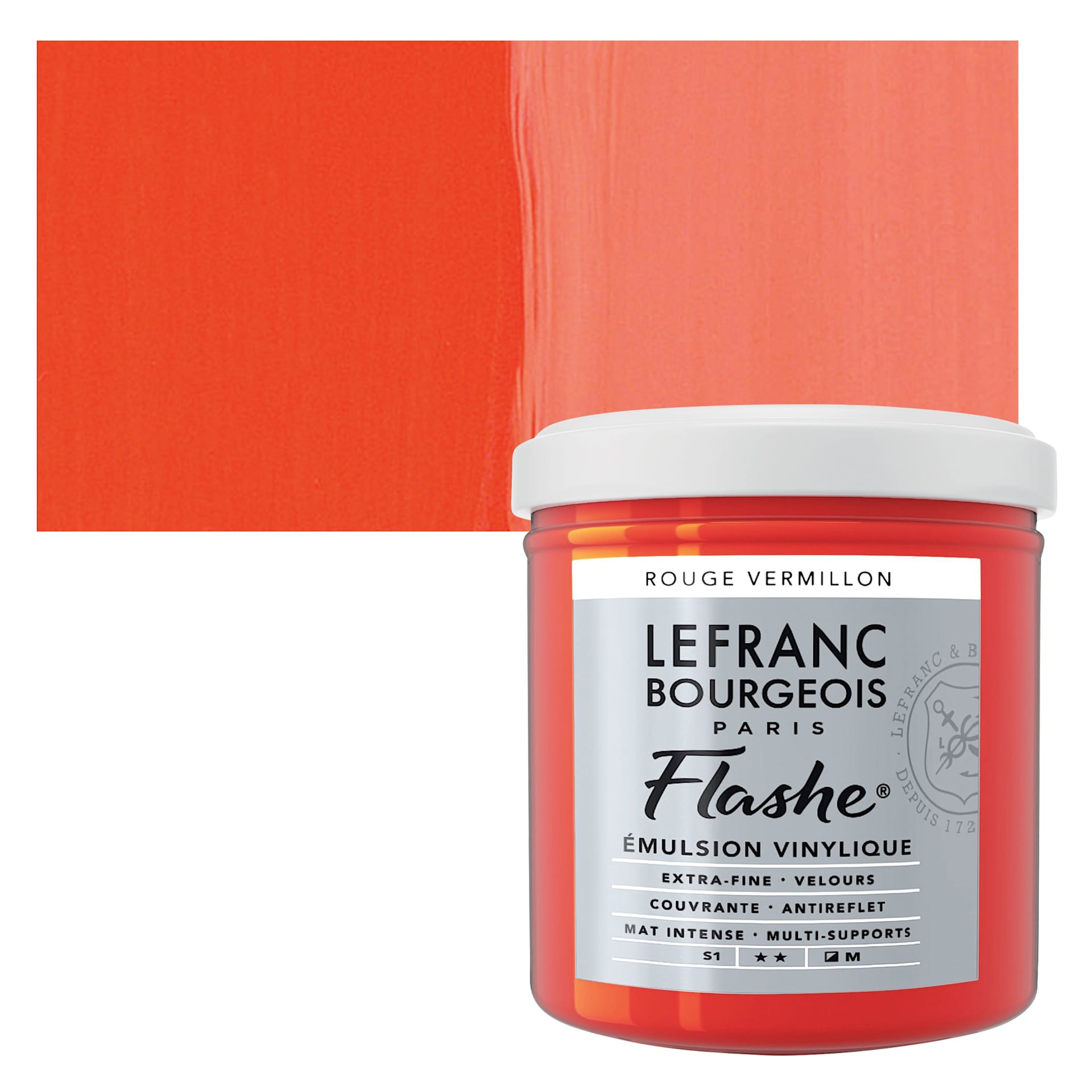Lefranc & Bourgeois Flashe Vinyl Paint - Red Vermilion, 125 ml jar and swatch