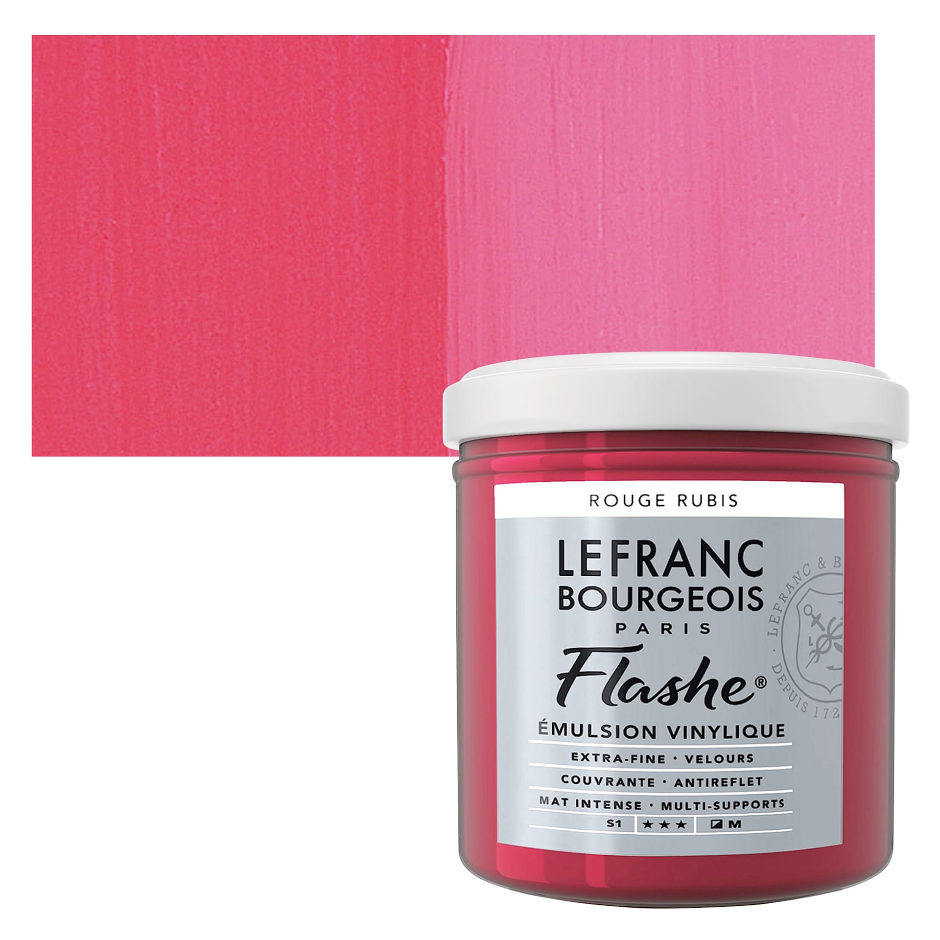Lefranc & Bourgeois Flashe Vinyl Paint - Ruby Red, 125 ml jar and swatch