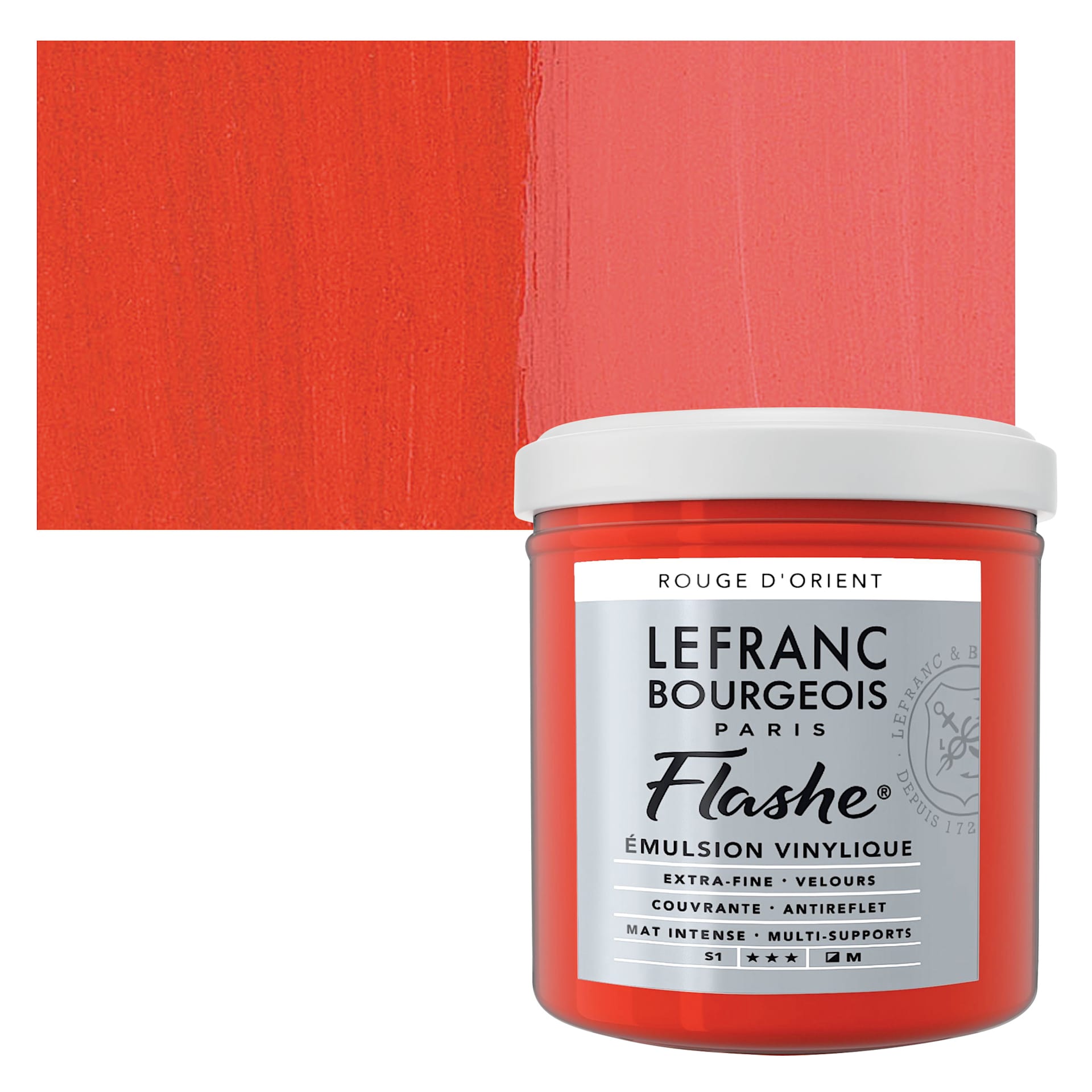 Lefranc & Bourgeois Flashe Vinyl Paint - Oriental Red, 125 ml jar and swatch