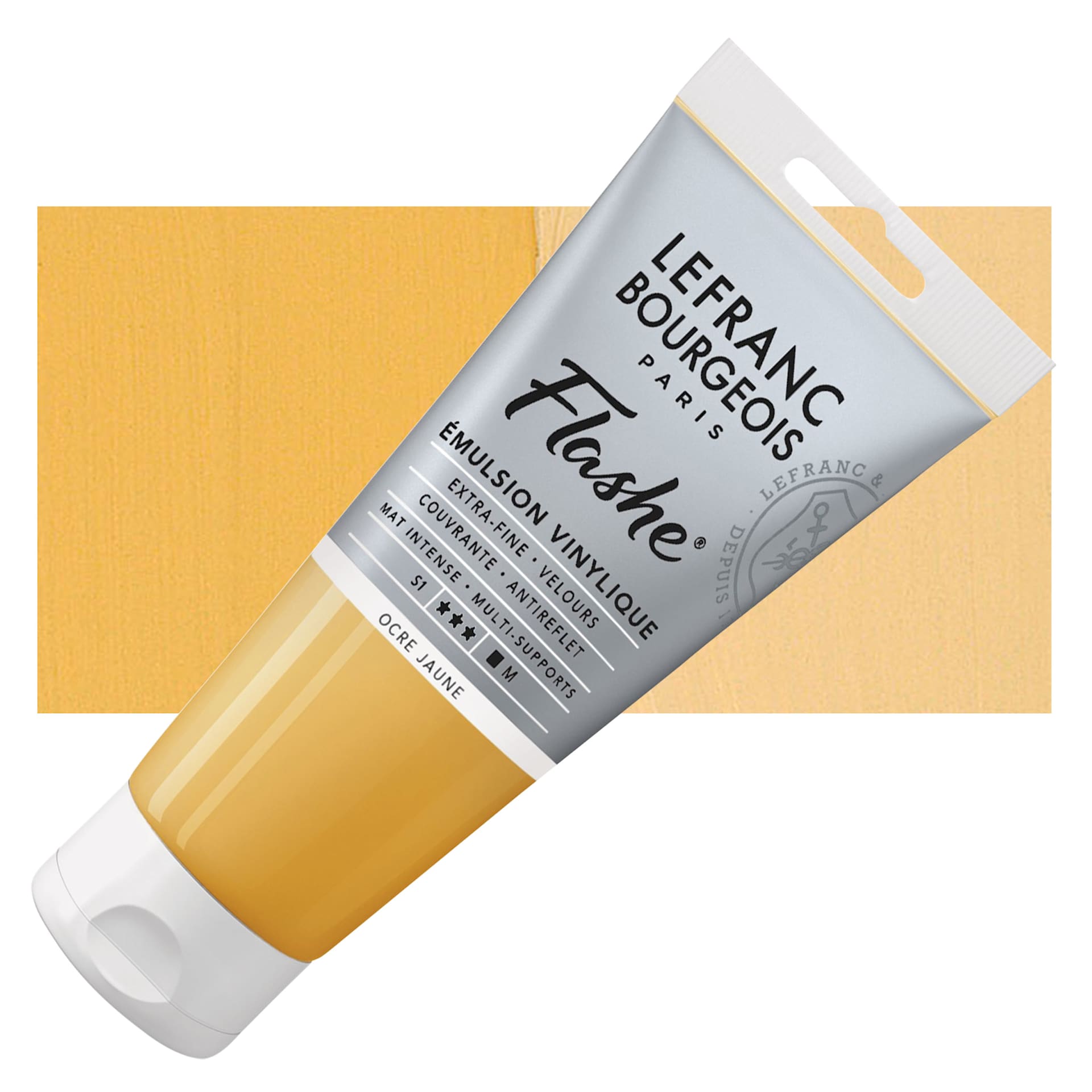 Lefranc & Bourgeois Flashe Vinyl Paint - Yellow Ochre, 80 ml tube and swatch