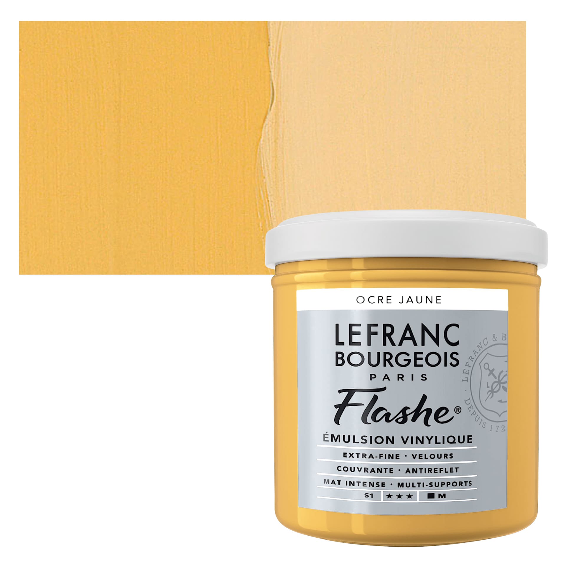Lefranc & Bourgeois Flashe Vinyl Paint - Yellow Ochre, 125 ml jar and swatch