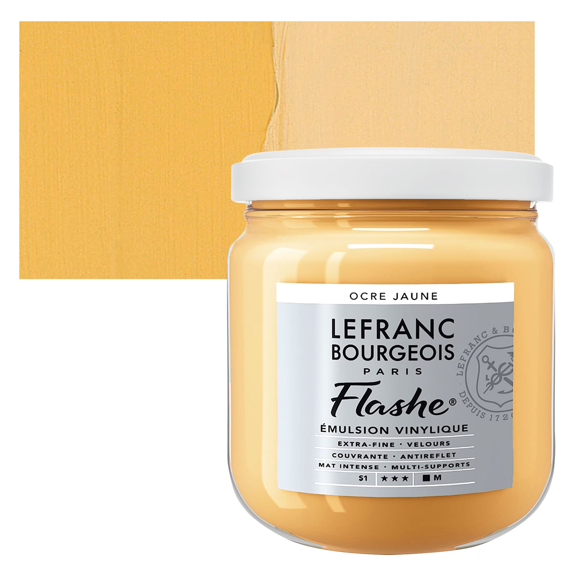 Lefranc & Bourgeois Flashe Vinyl Paint - Yellow Ochre, 400 ml jar and swatch