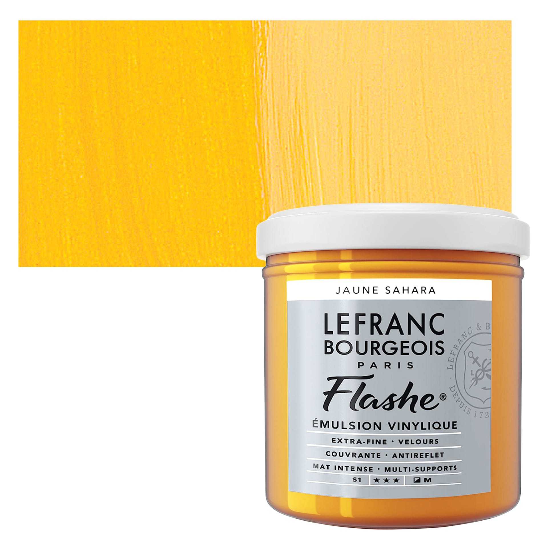Lefranc & Bourgeois Flashe Vinyl Paint - Sahara Yellow, 125 ml jar and swatch