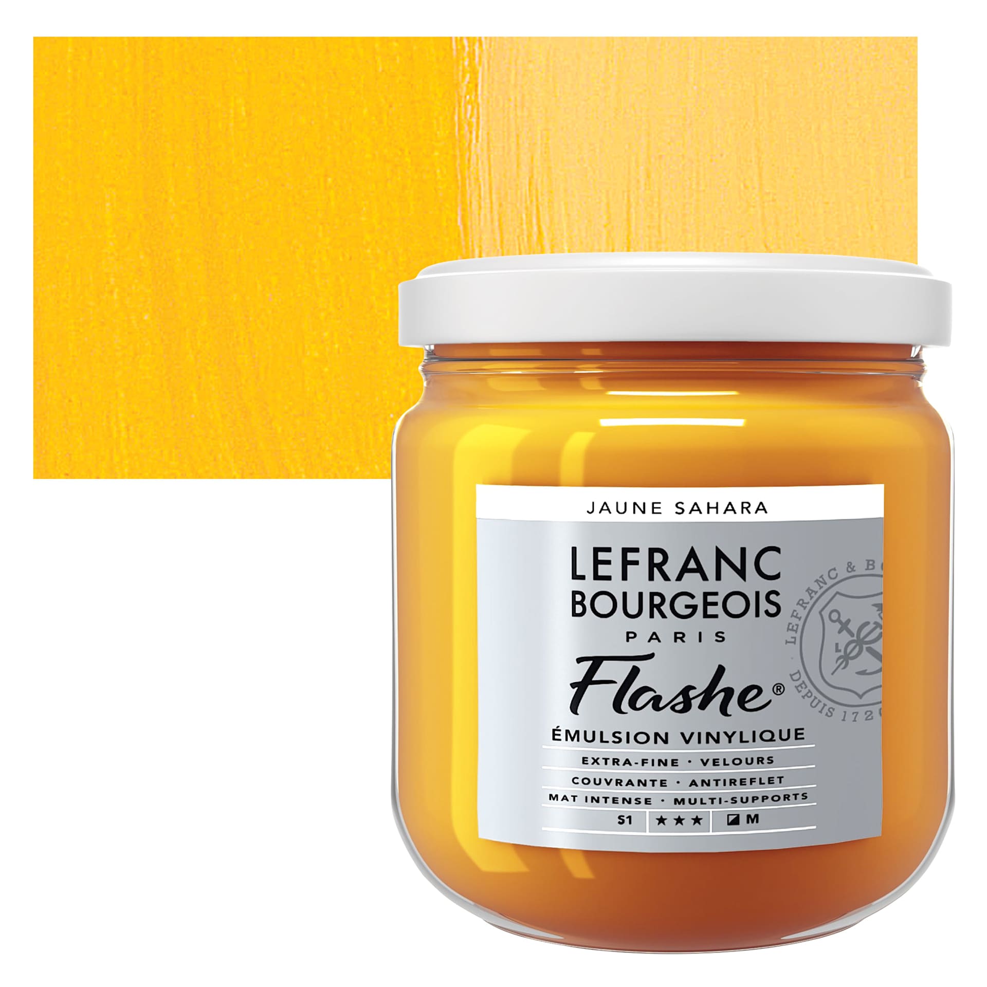 Lefranc & Bourgeois Flashe Vinyl Paint - Gold Yellow, 400 ml jar and swatch