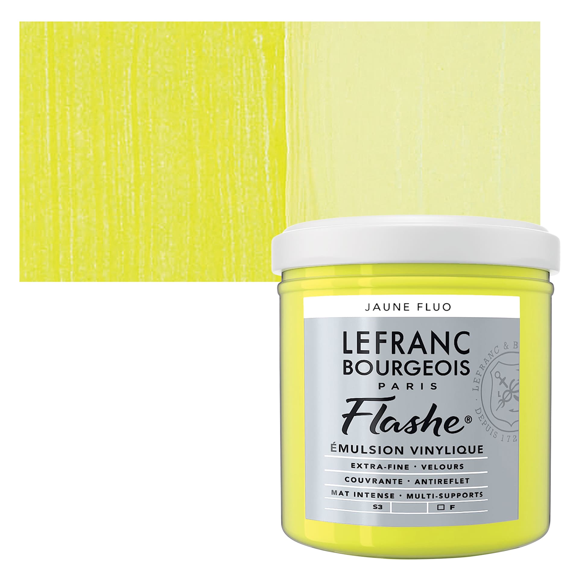 Lefranc & Bourgeois Flashe Vinyl Paint - Fluorescent Yellow, 125 ml jar and swatch