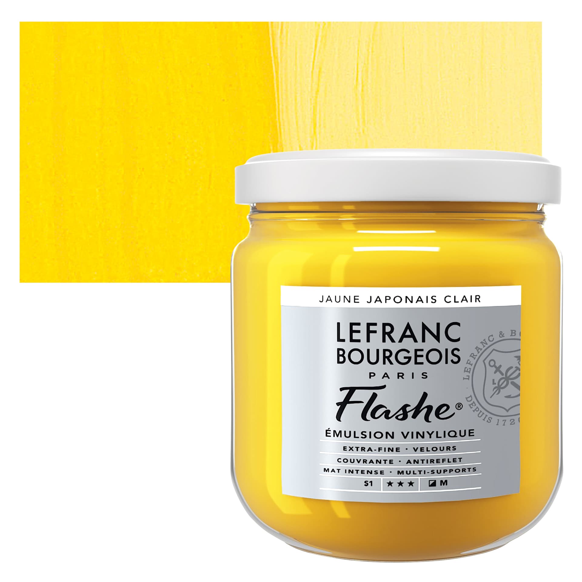 Lefranc & Bourgeois Flashe Vinyl Paint - Japanese Yellow, 400 ml jar and swatch