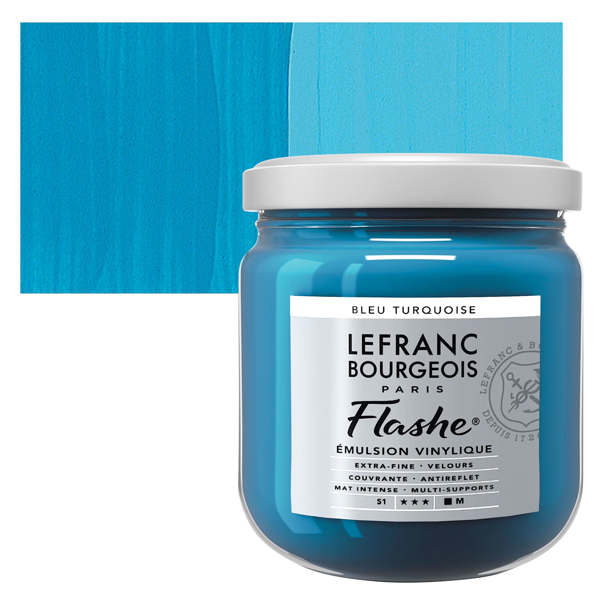 Lefranc & Bourgeois Flashe Vinyl Paint - Turquoise Blue, 400 ml jar and swatch