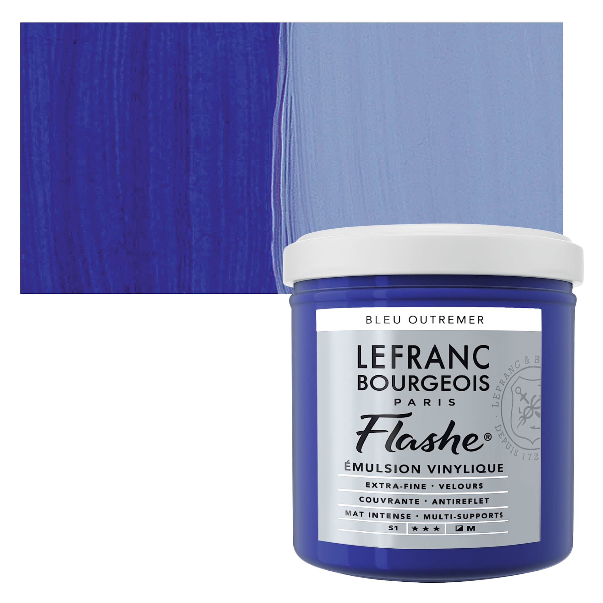 Lefranc & Bourgeois Flashe Vinyl Paint - Ultramarine Blue, 125 ml jar and swatch