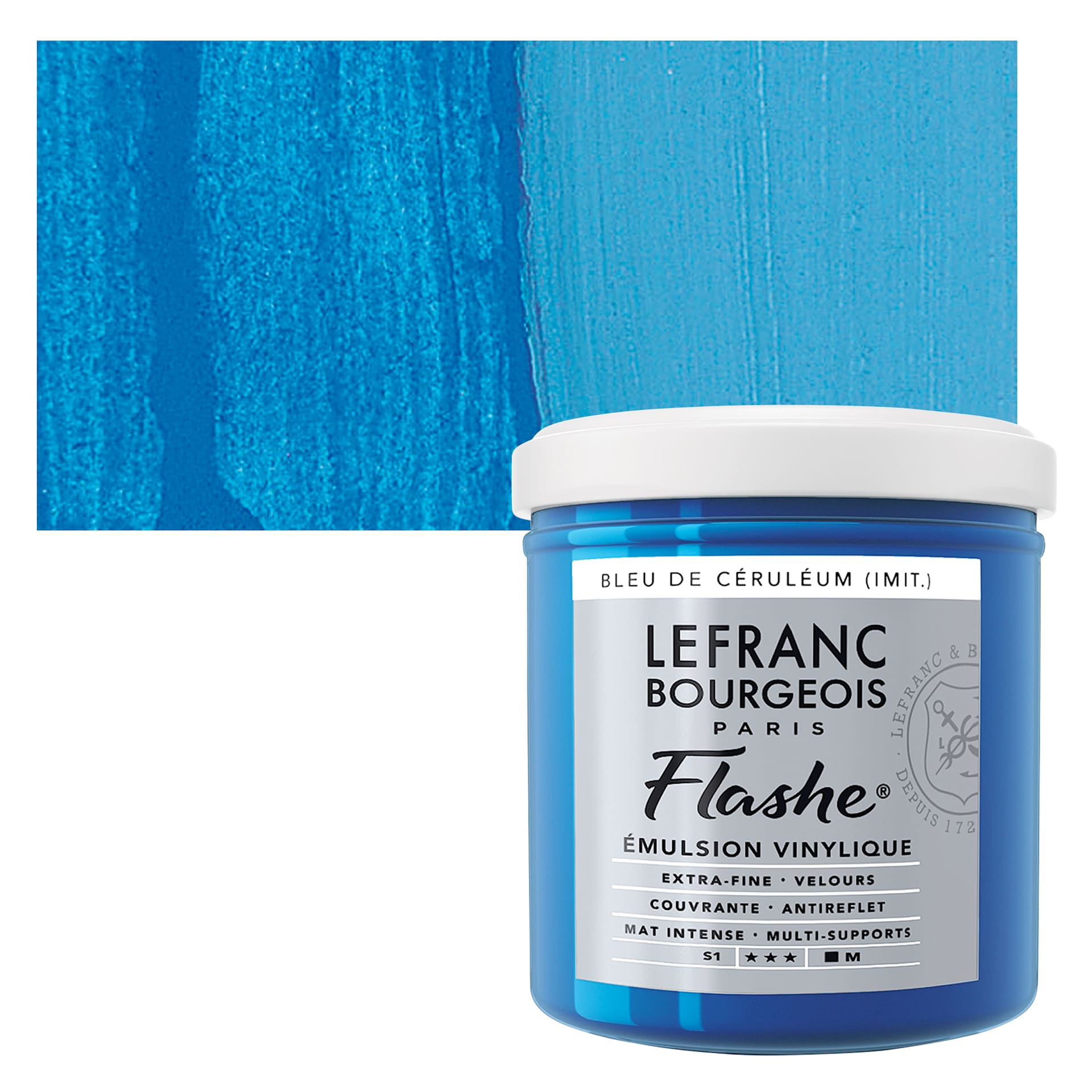 Lefranc & Bourgeois Flashe Vinyl Paint - Cerulean Blue Hue, 125 ml jar and swatch