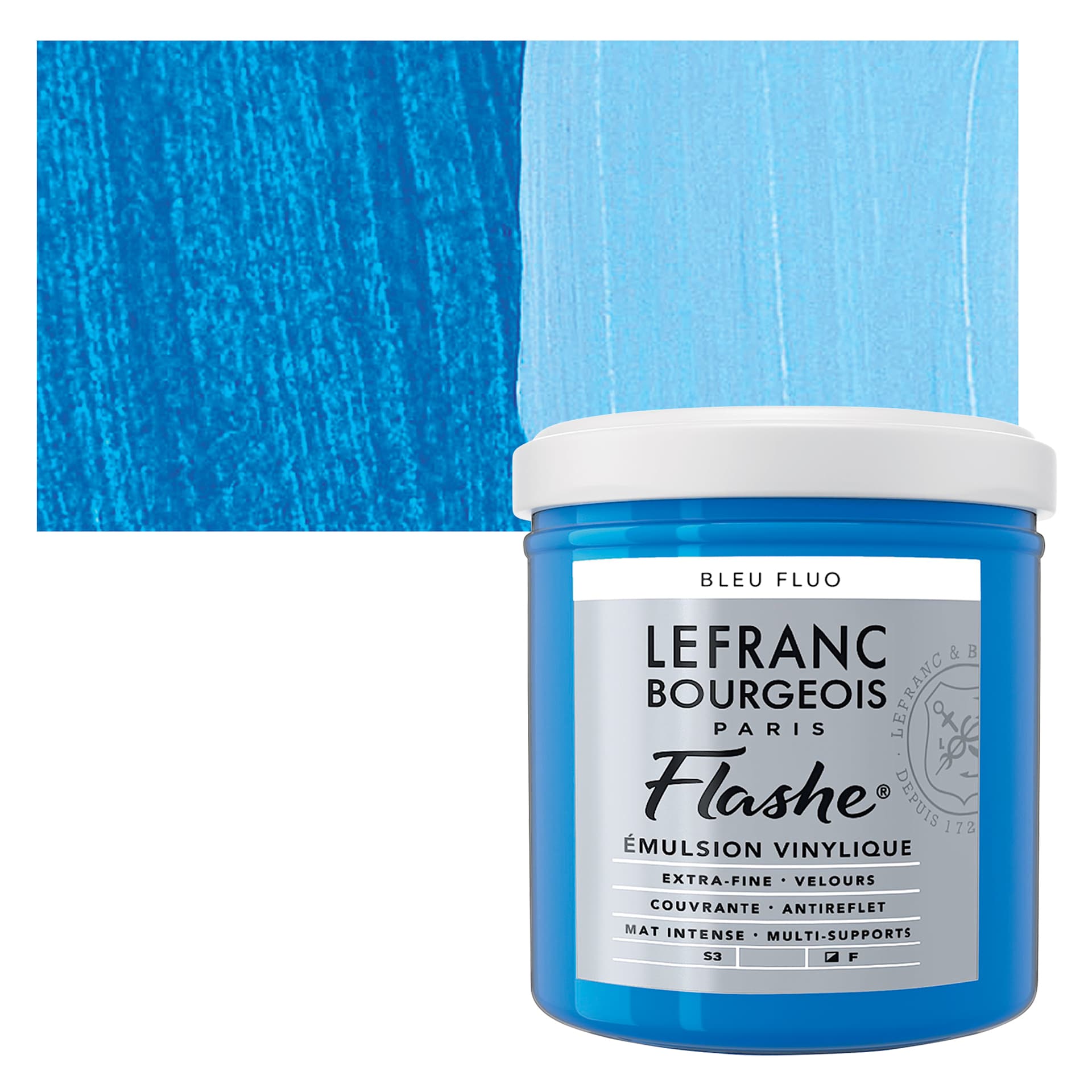 Lefranc & Bourgeois Flashe Vinyl Paint - Fluorescent Blue, 125 ml jar and swatch Lefranc & Bourgeois Flashe Vinyl Paint - Fluorescent Blue, 125 ml jar and swatch