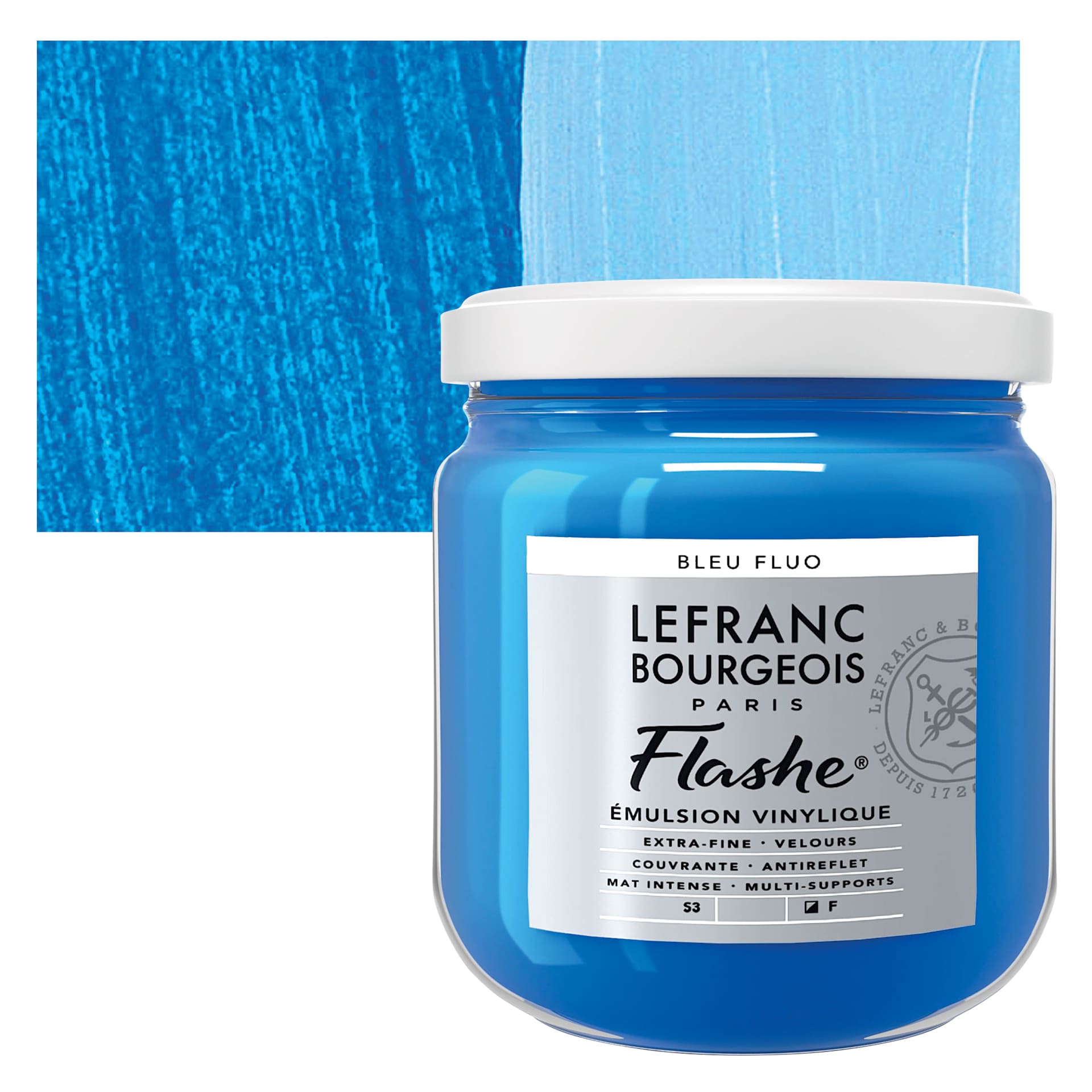 Lefranc & Bourgeois Flashe Vinyl Paint - Fluorescent Blue, 400 ml jar and swatch