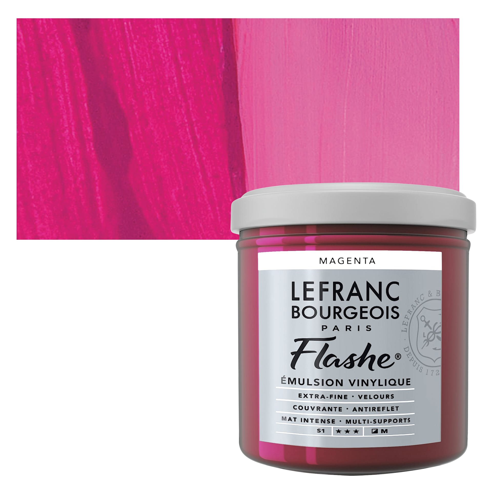 Lefranc & Bourgeois Flashe Vinyl Paint - Magenta, 125 ml, Jar and swatch