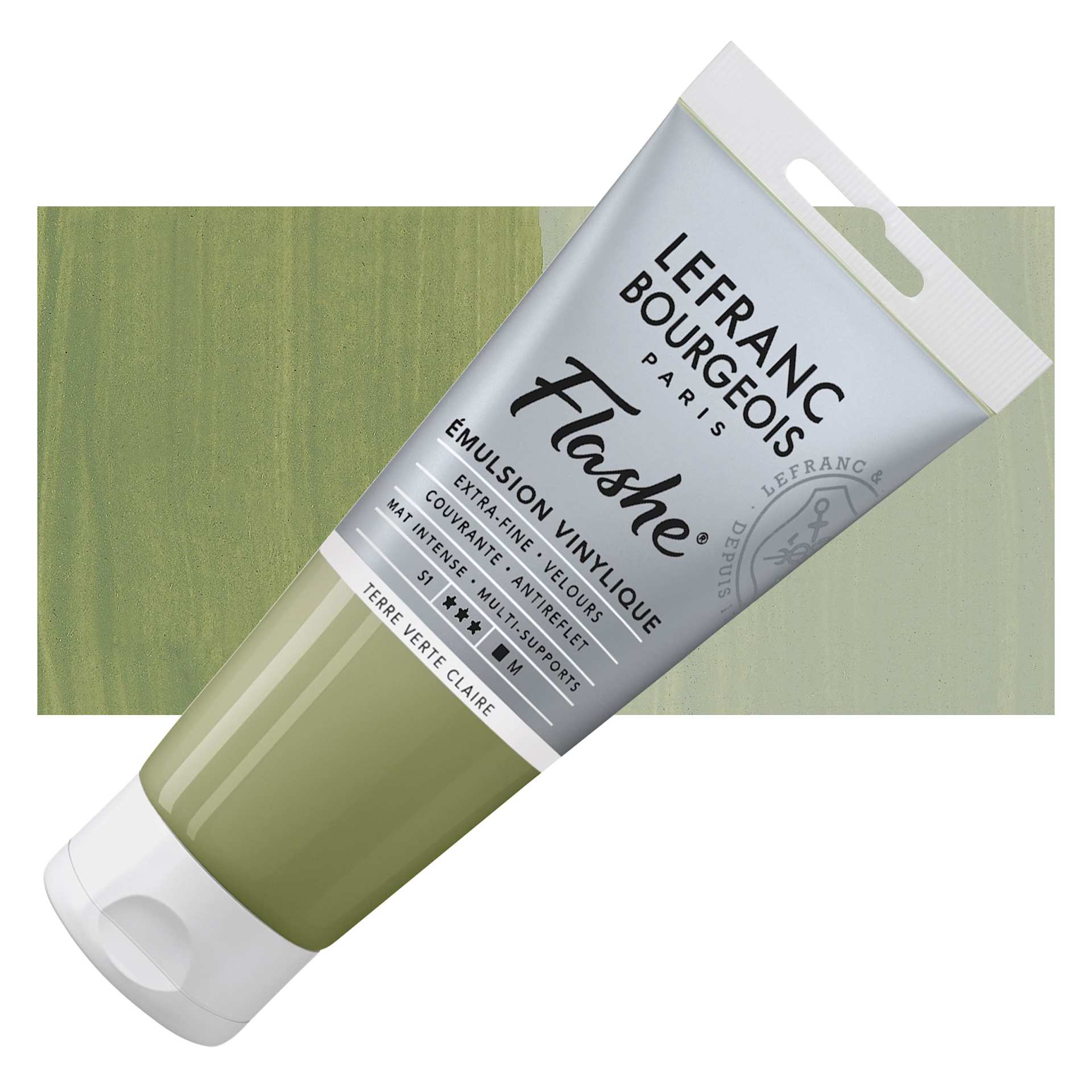 Lefranc & Bourgeois Flashe Vinyl Paint - Light Green Earth, 80 ml tube and swatch Lefranc & Bourgeois Flashe Vinyl Paint - Light Green Earth, 80 ml tube and swatch