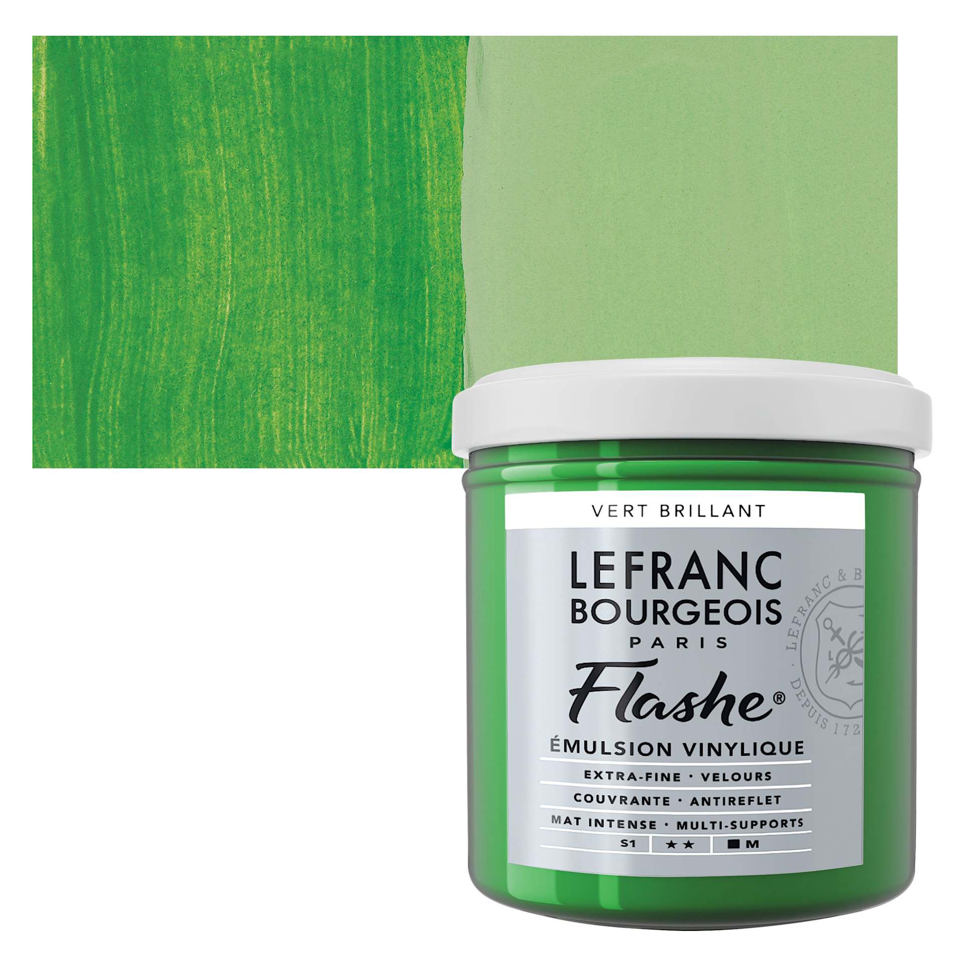 Lefranc & Bourgeois Flashe Vinyl Paint - Brilliant Green, 125 ml jar and swatch