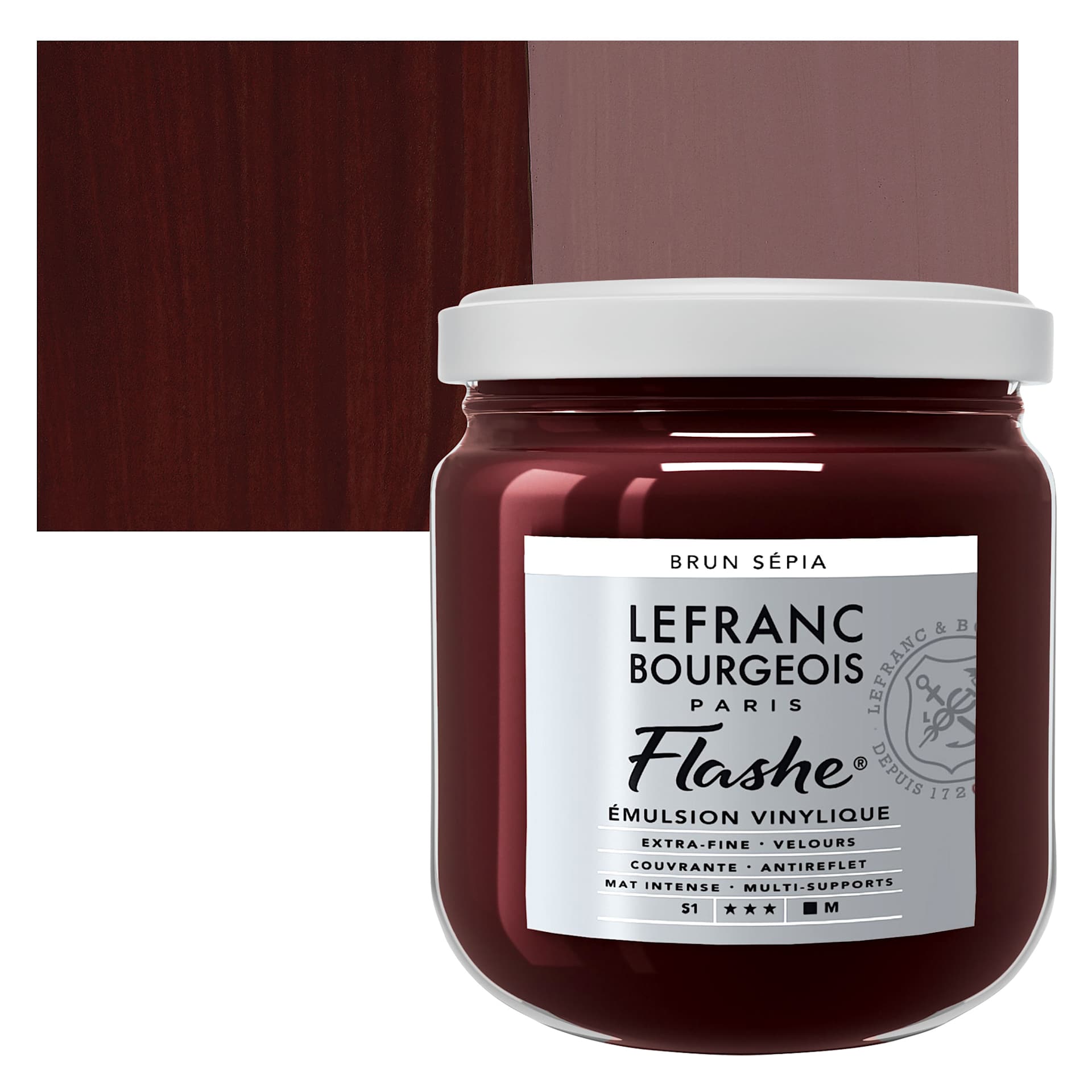 Lefranc & Bourgeois Flashe Vinyl Paint - Sepia Brown, 400 ml jar and swatch Lefranc & Bourgeois Flashe Vinyl Paint - Sepia Brown, 400 ml jar and swatch