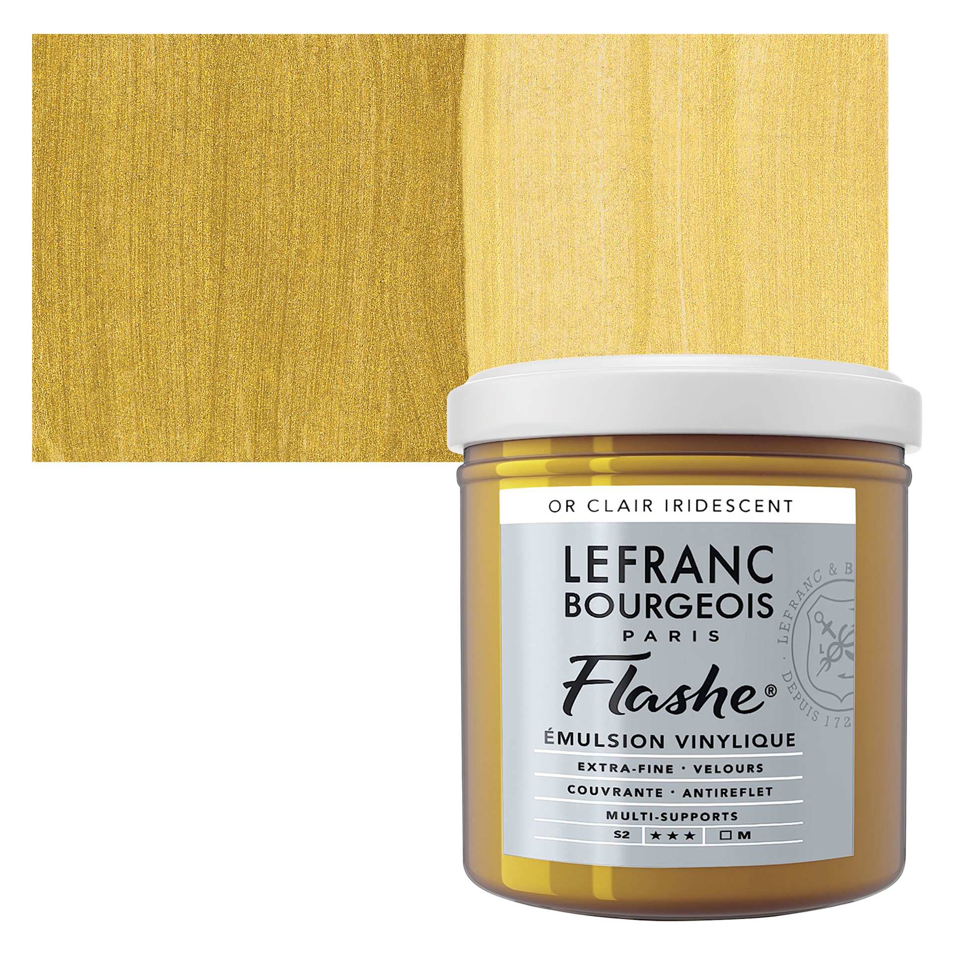 Lefranc & Bourgeois Flashe Vinyl Paint - Iridescent Light Gold, 125 ml jar and swatch Lefranc & Bourgeois Flashe Vinyl Paint - Iridescent Light Gold, 125 ml jar and swatch