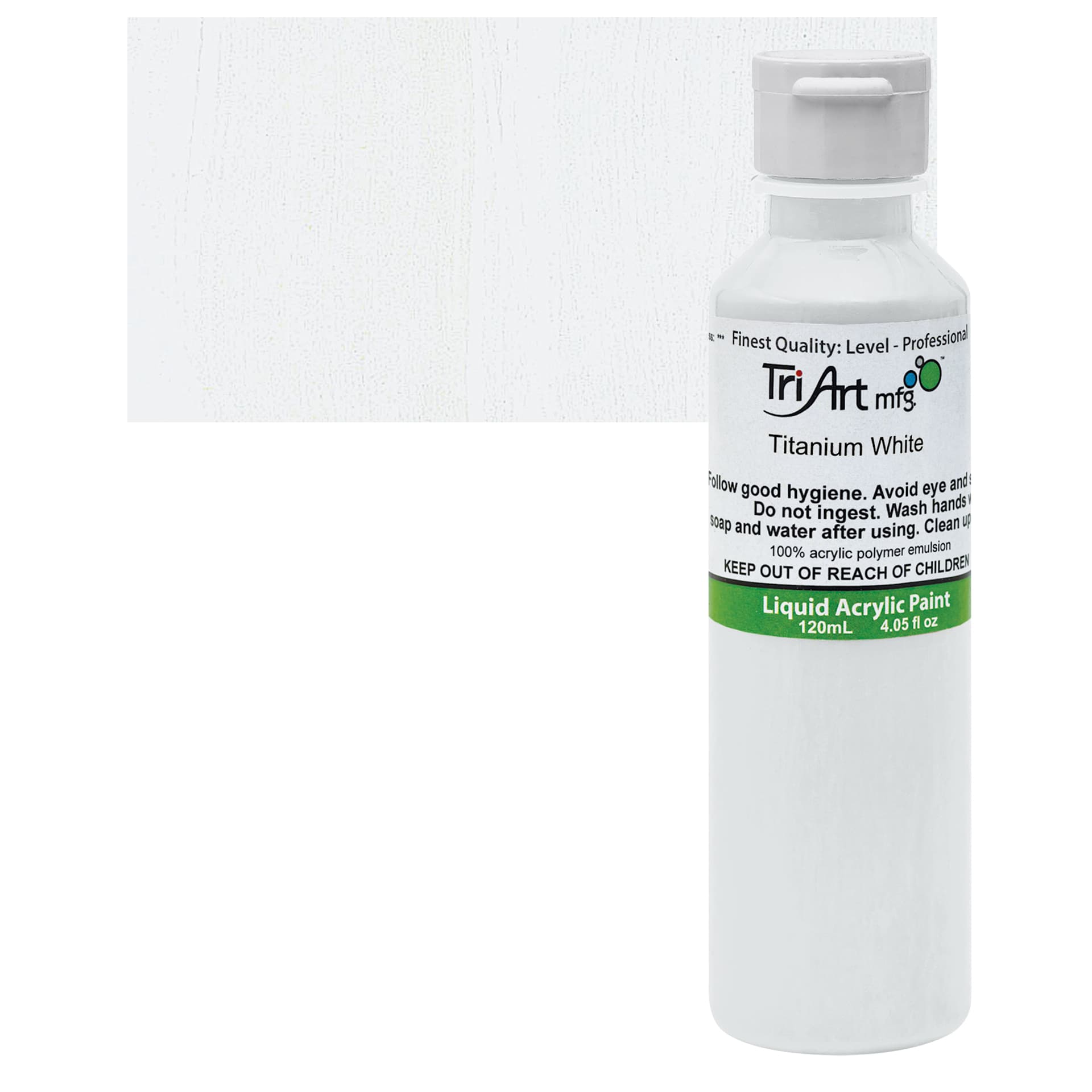 Tri-Art Liquid Artist Acrylic - Titanium White, 120 ml bottle and swatch