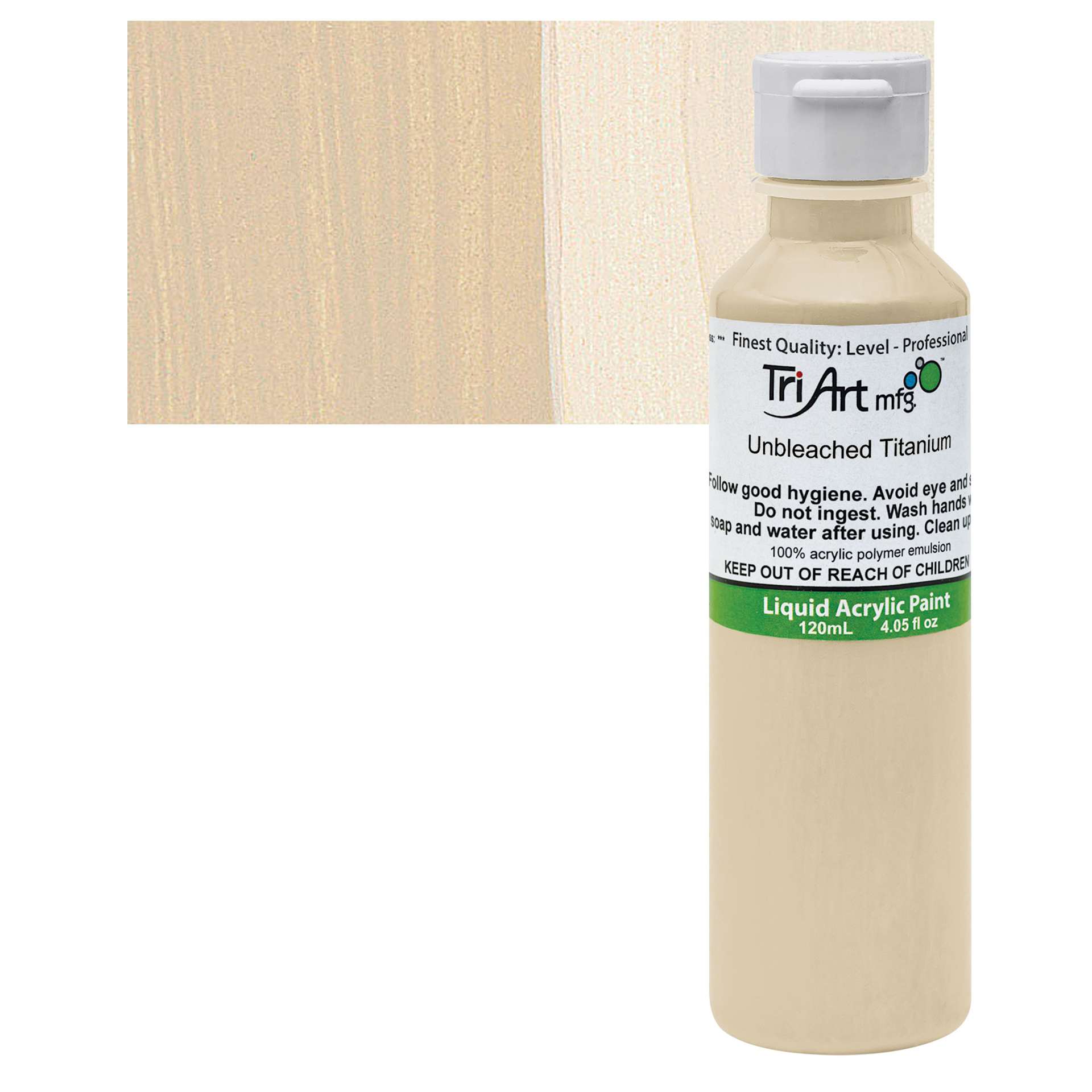 Tri-Art Liquid Artist Acrylic - Unbleached Titanium, 120 ml bottle and swatch
