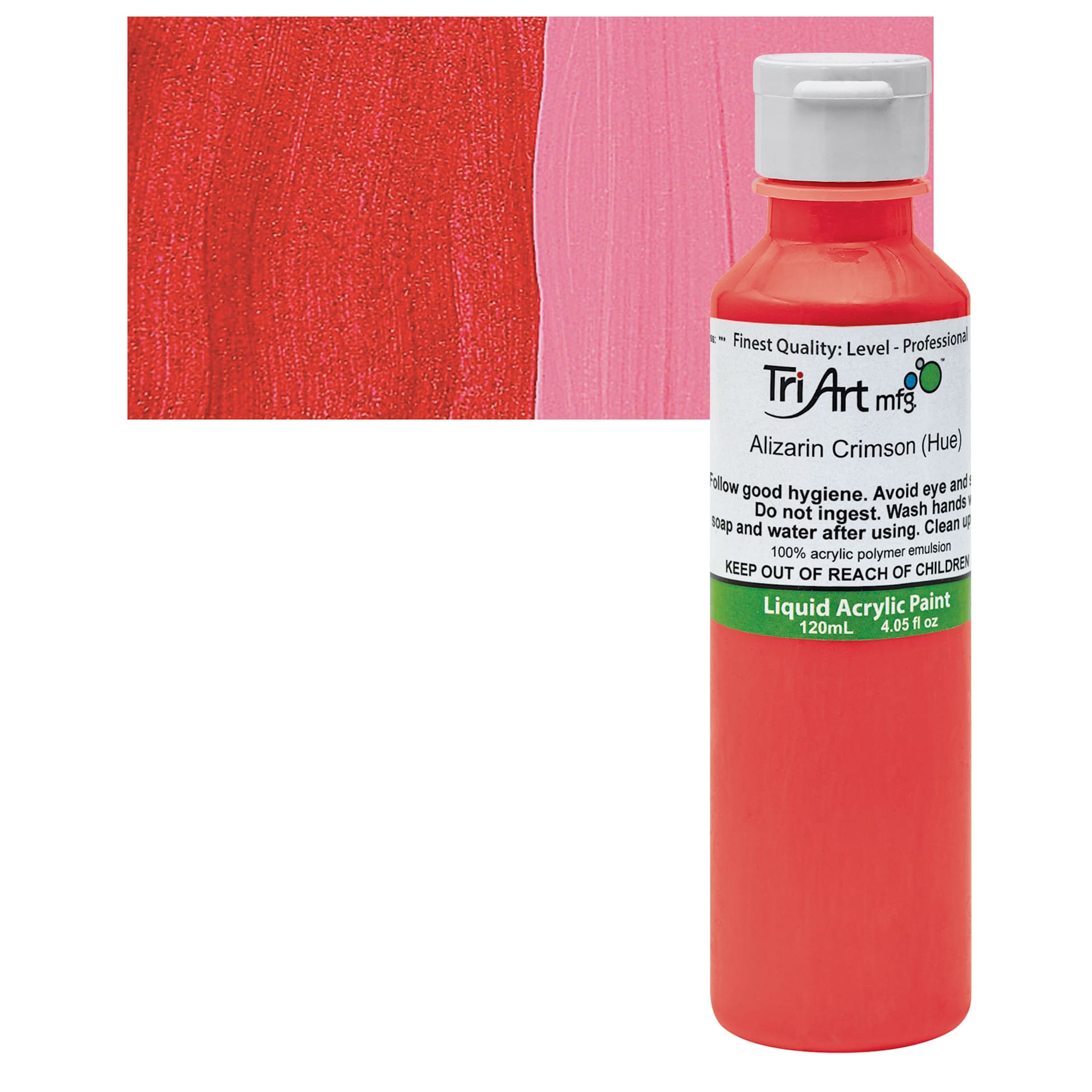 Tri-Art Liquid Artist Acrylic - Alizarin Crimson Hue, 120 ml bottle and swatch