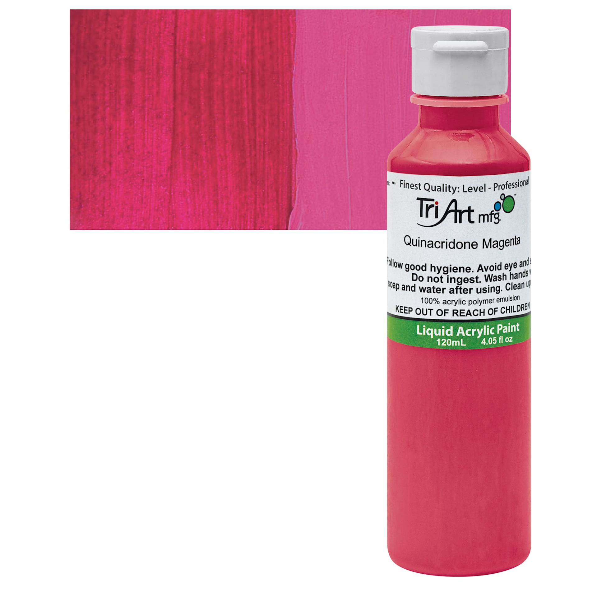 Tri-Art Liquid Artist Acrylic - Quinacridone Magenta, 120 ml bottle and swatch