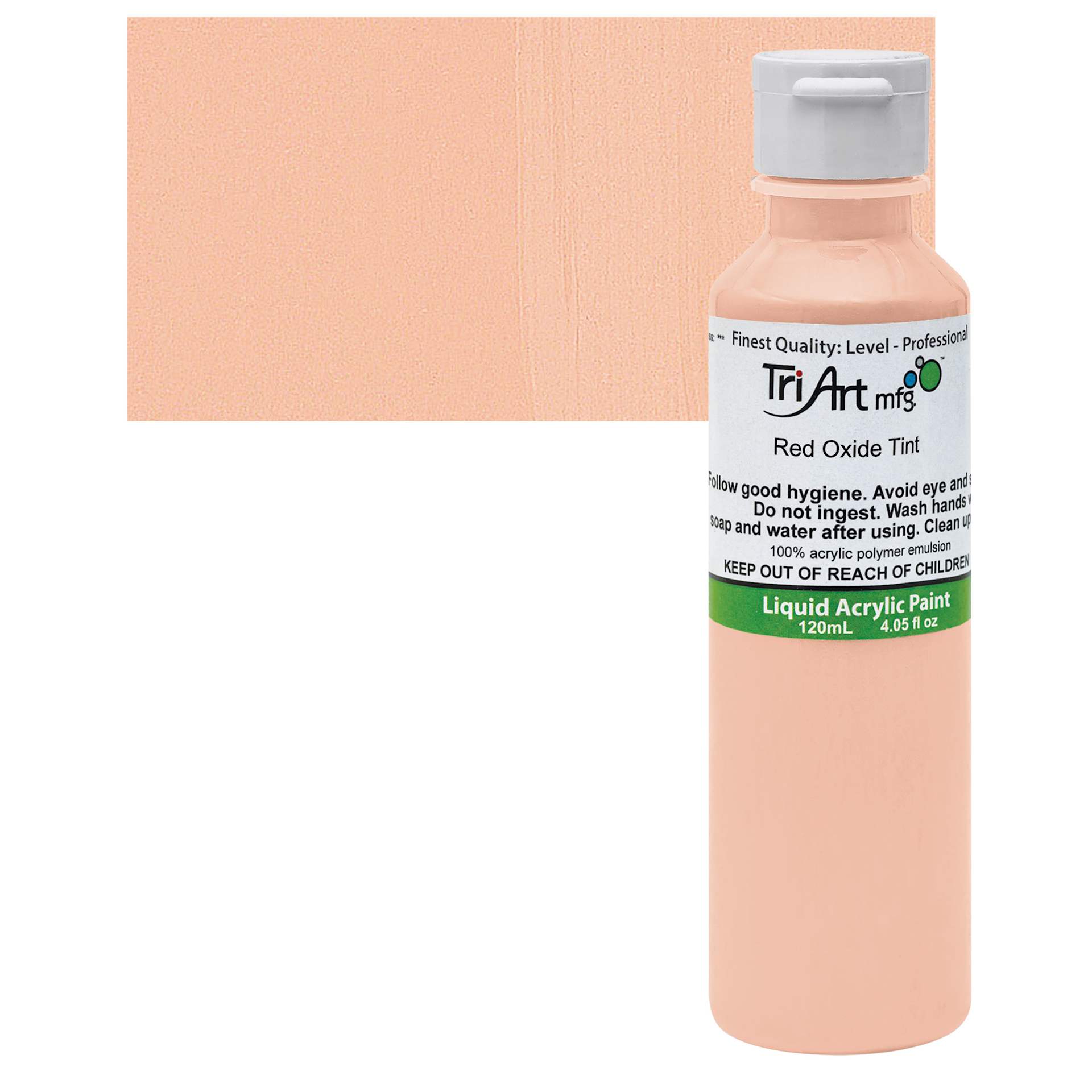 Tri-Art Liquid Artist Acrylic - Red Oxide Tint, 120 ml bottle and swatch