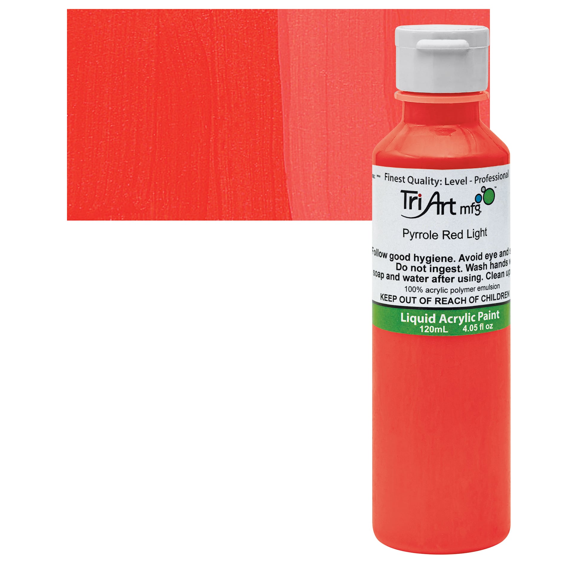 Tri-Art Liquid Artist Acrylic - Pyrrole Red Light, 120 ml bottle and swatch
