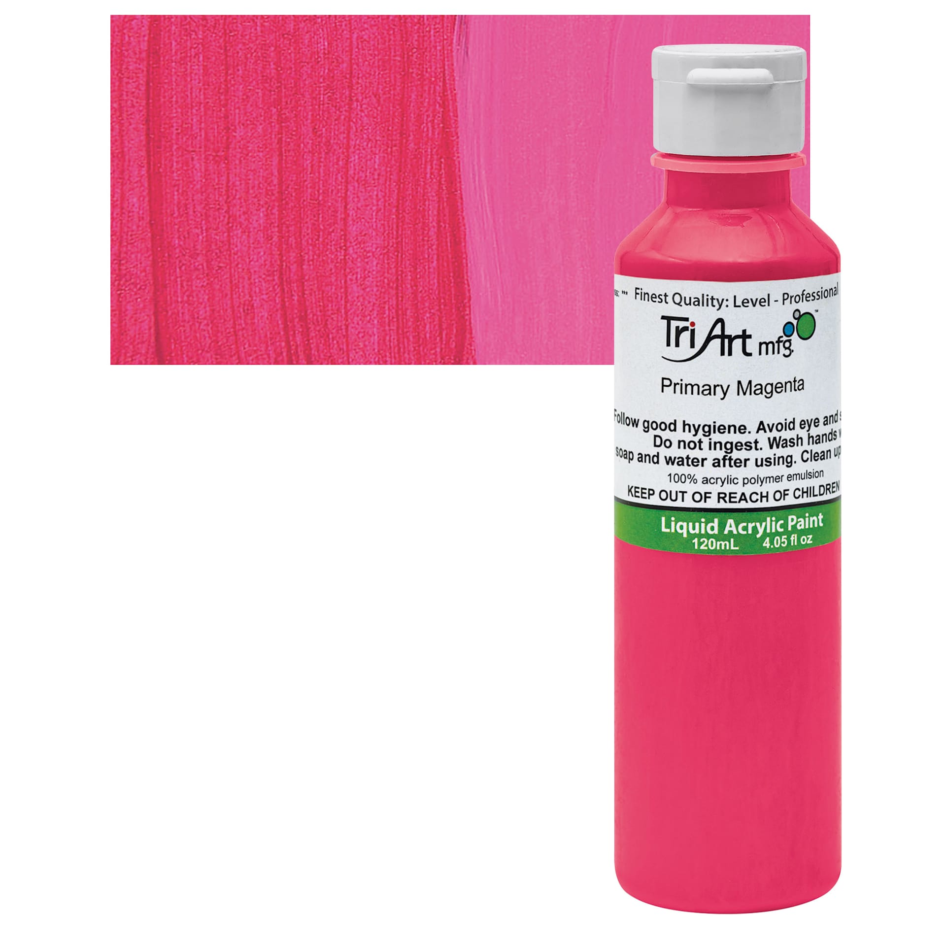 Tri-Art Liquid Artist Acrylic - Primary Magenta, 120 ml bottle and swatch