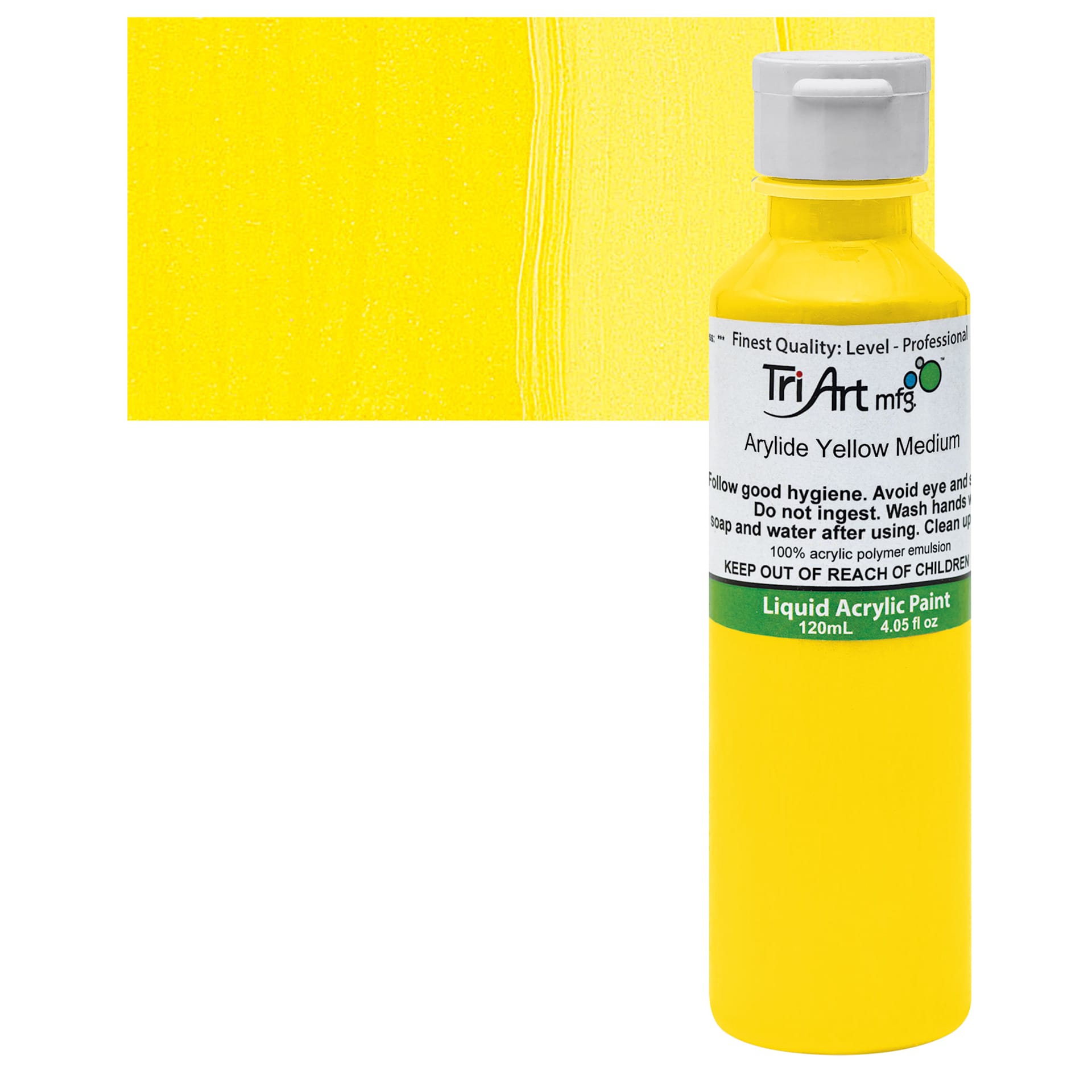 Tri-Art Liquid Artist Acrylic - Arylide Yellow Medium, 120 ml bottle and swatch