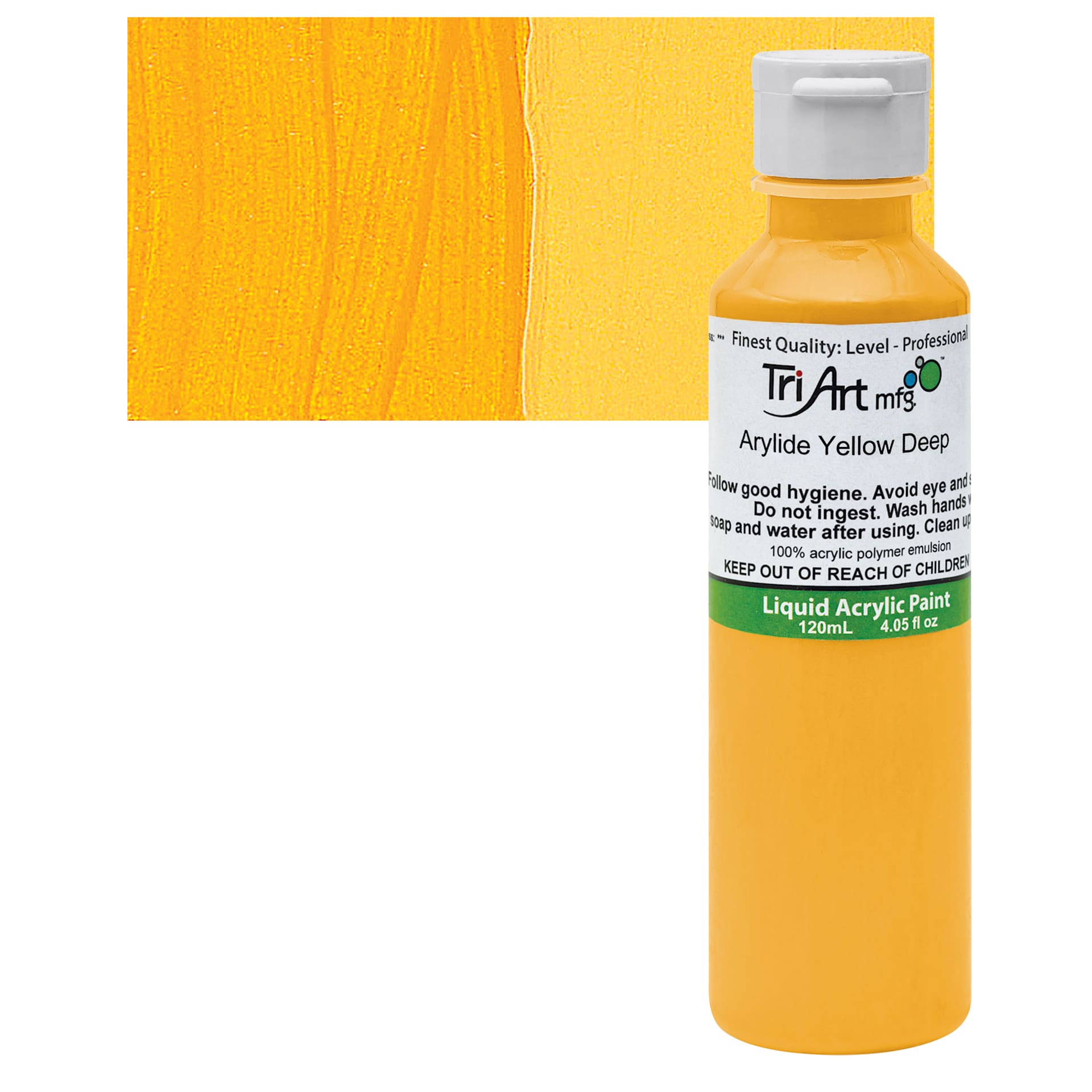 Tri-Art Liquid Artist Acrylic - Arylide Yellow Deep, 120 ml bottle and swatch