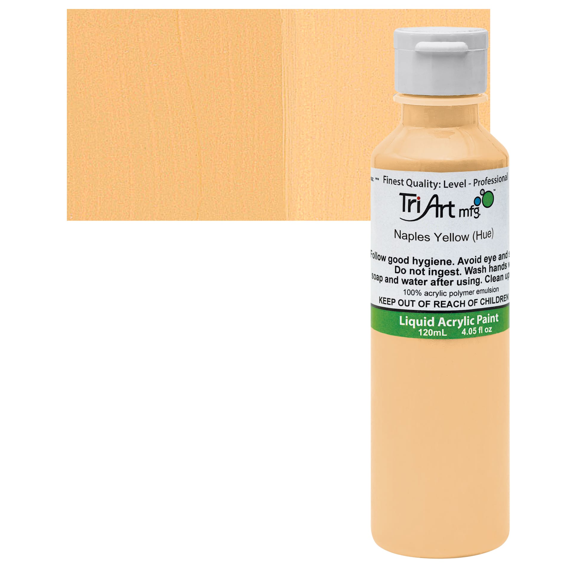 Tri-Art Liquid Artist Acrylic - Naples Yellow Hue, 120 ml bottle and swatch