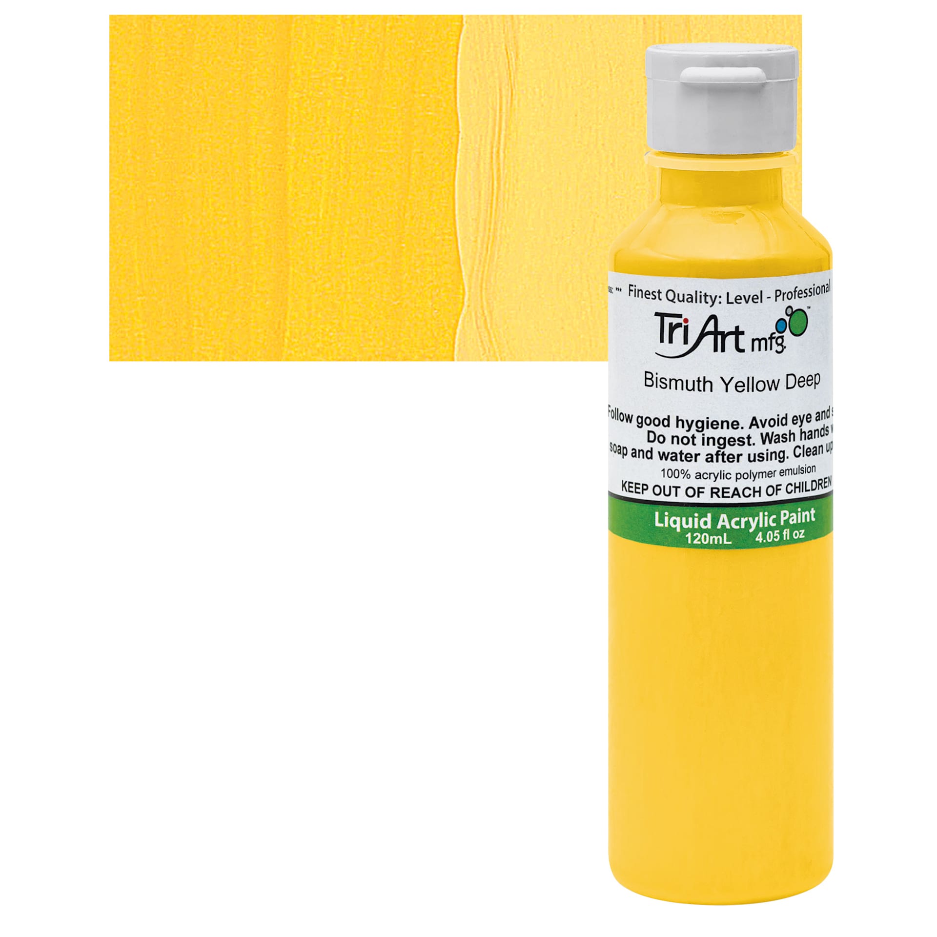 Tri-Art Liquid Artist Acrylic - Bismuth Yellow Deep, 120 ml bottle and swatch