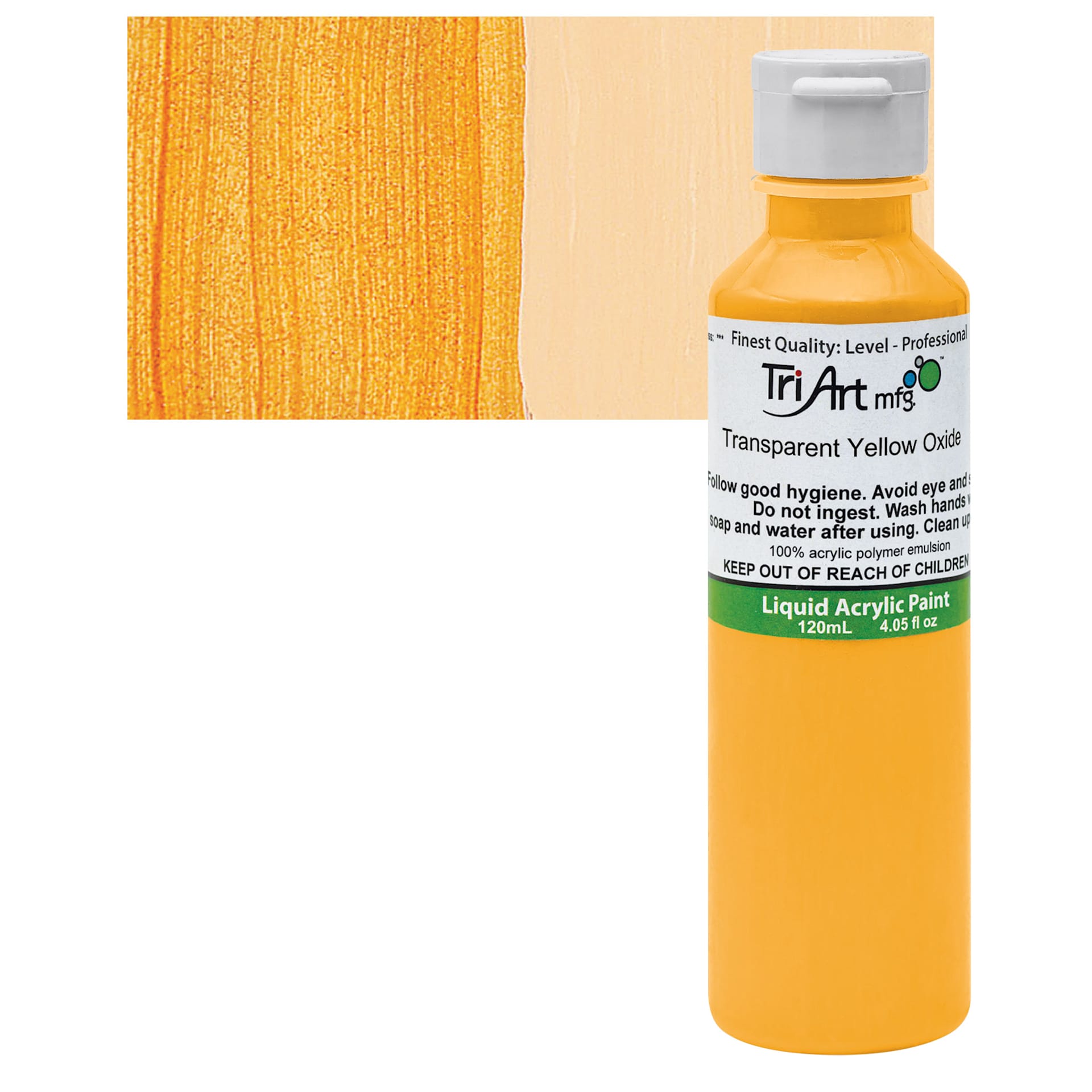 Tri-Art Liquid Artist Acrylic - Transparent Yellow Oxide, 120 ml bottle and swatch