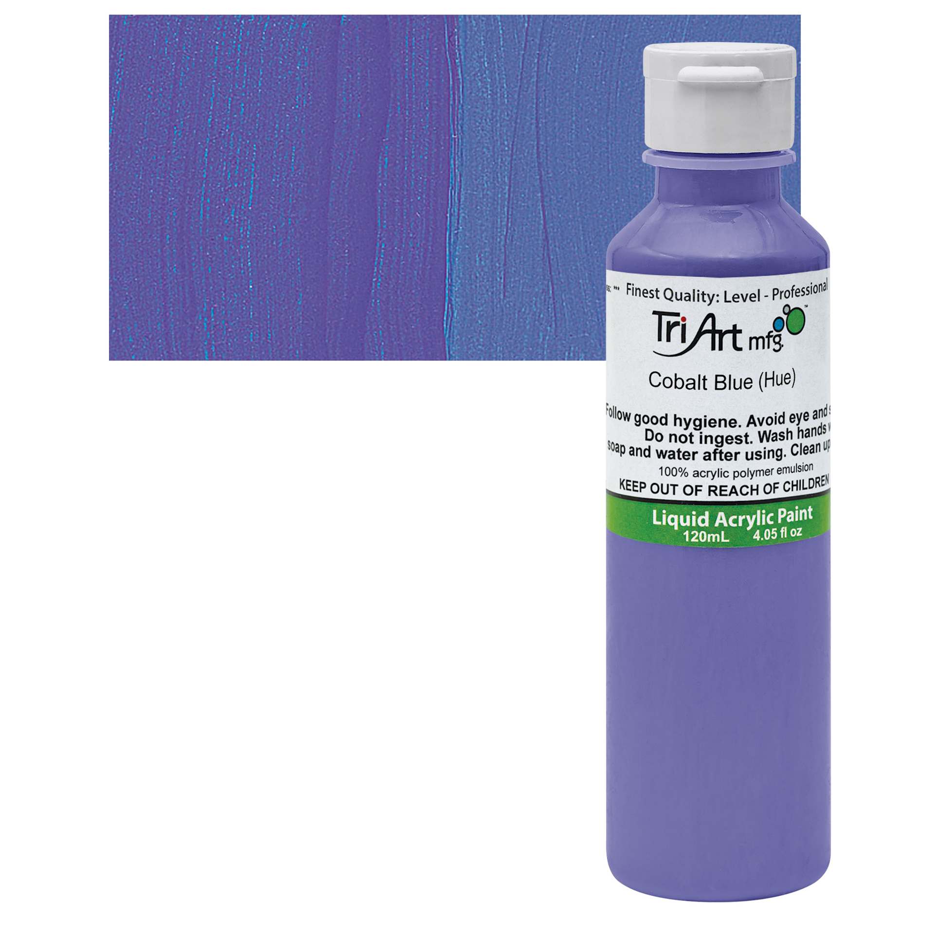 Tri-Art Liquid Artist Acrylic - Cobalt Blue Hue, 120 ml bottle and swatch