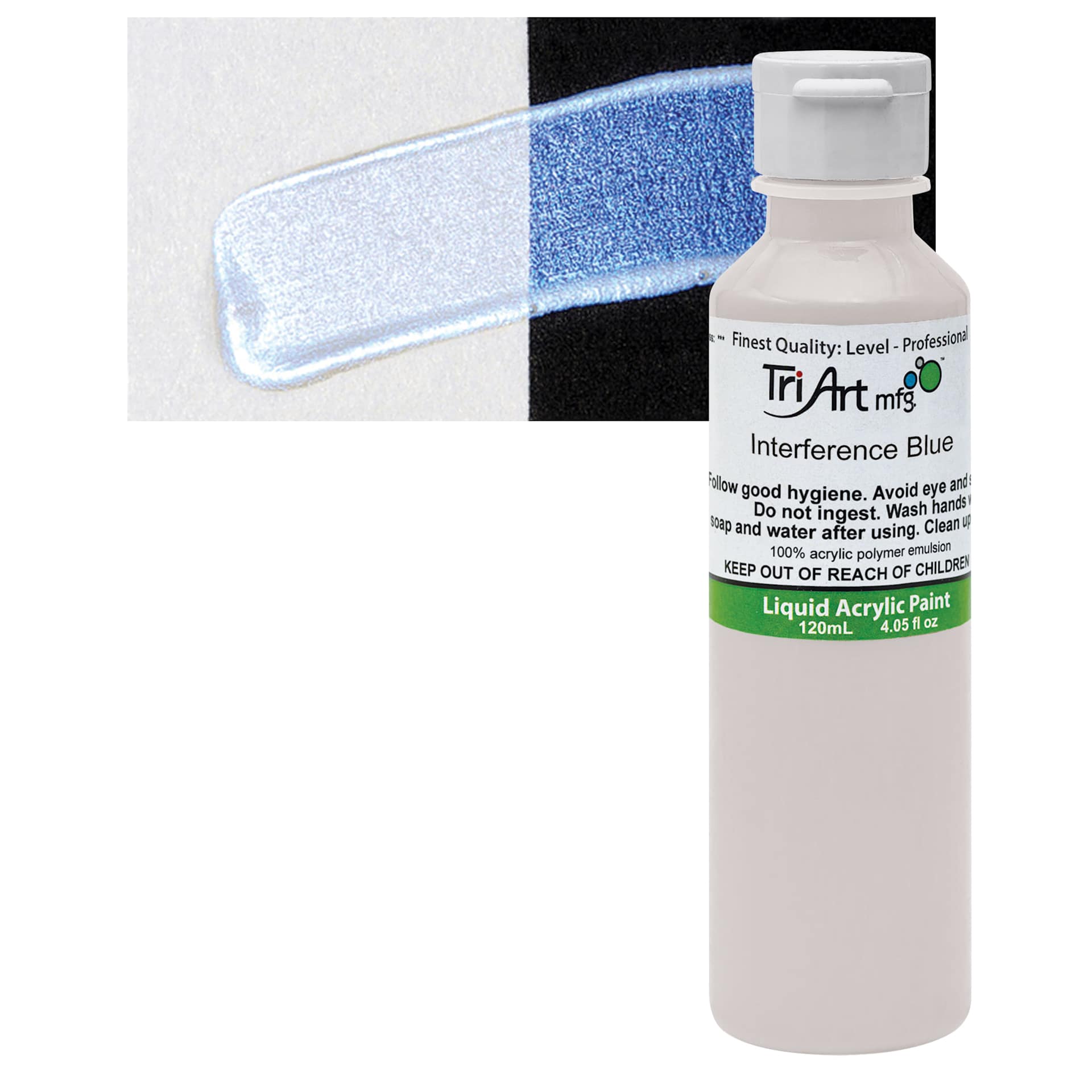 Tri-Art Liquid Artist Acrylic - Interference Blue, 120 ml bottle and swatch