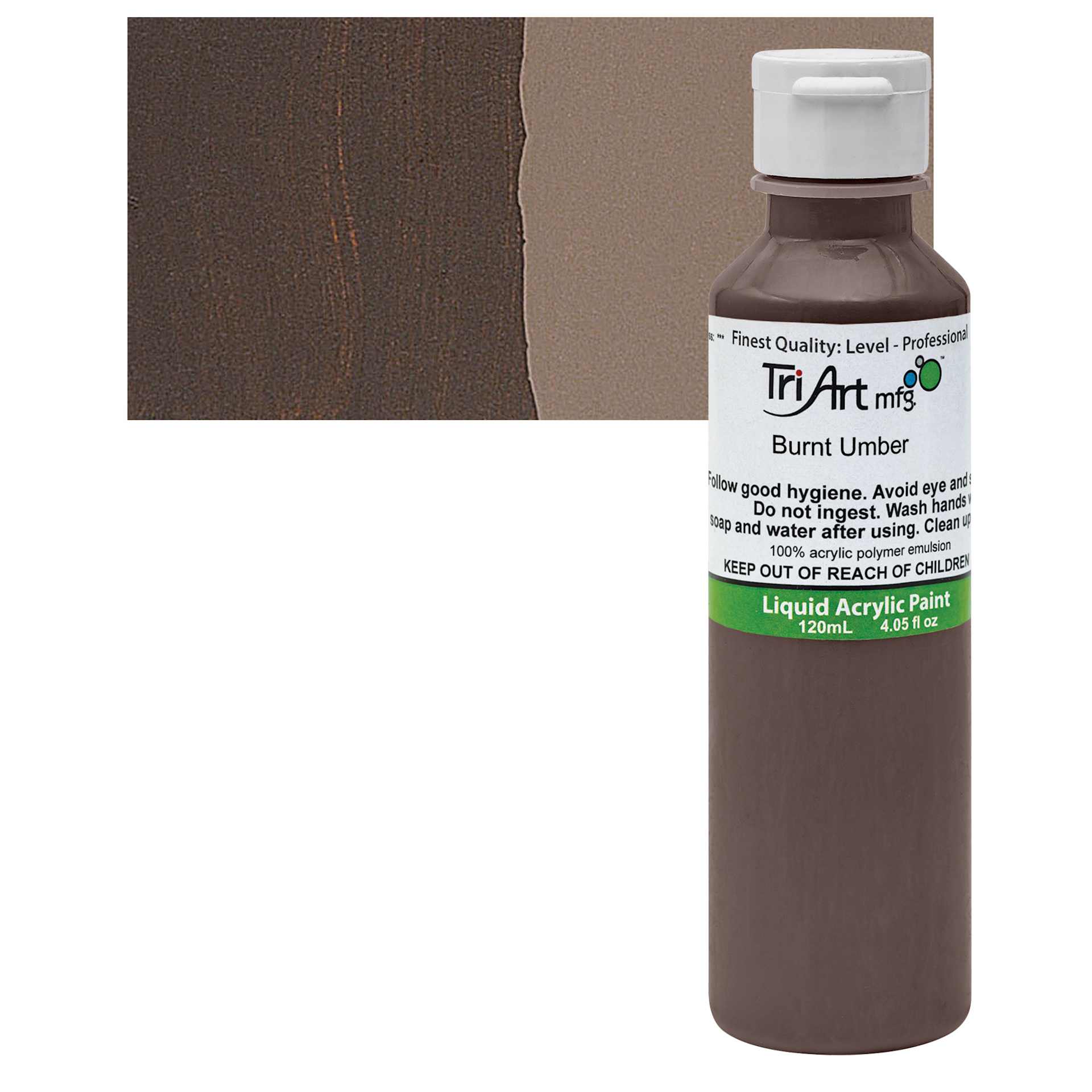Tri-Art Liquid Artist Acrylic - Burnt Umber, 120 ml bottle and swatch