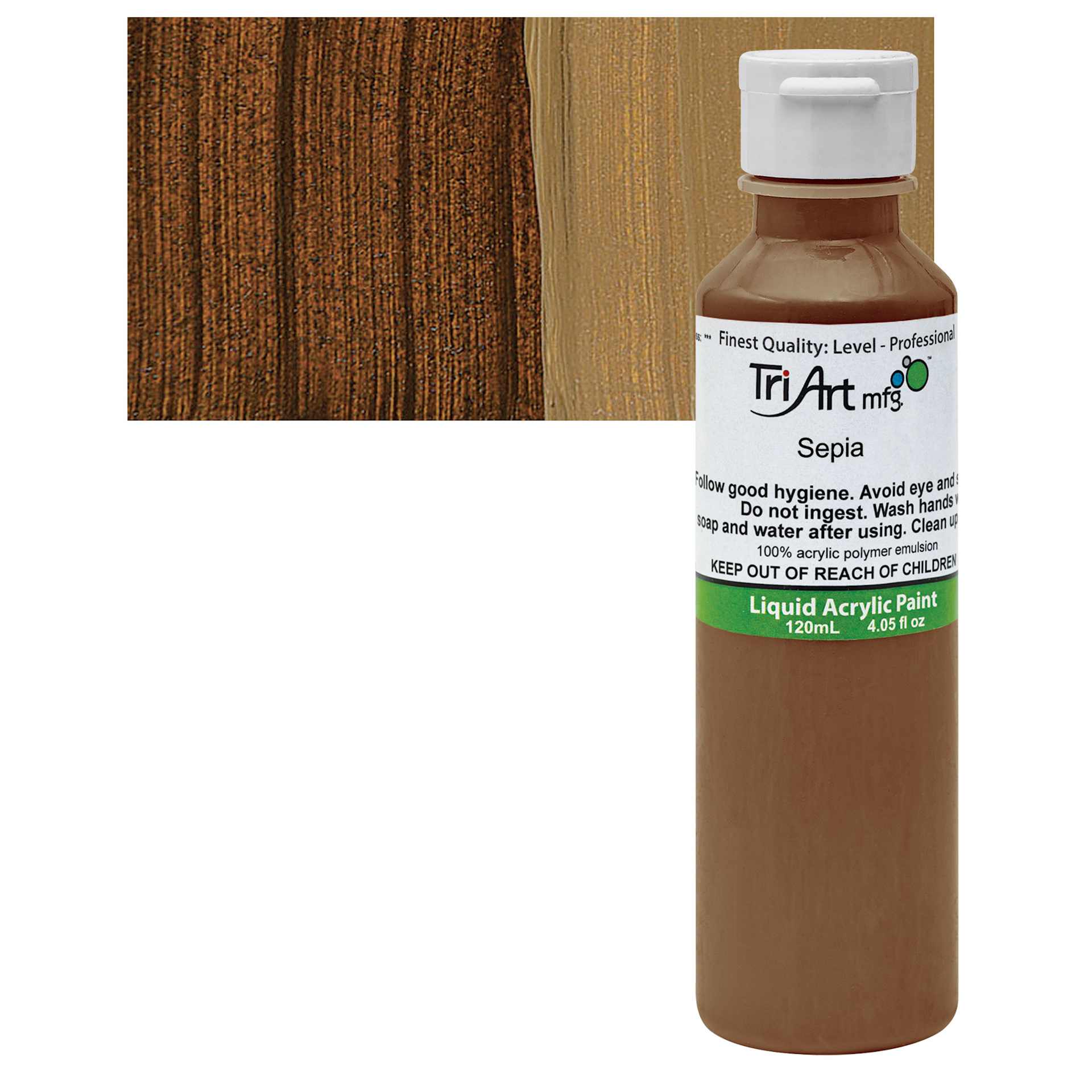 Tri-Art Liquid Artist Acrylic - Sepia, 120 ml bottle and swatch