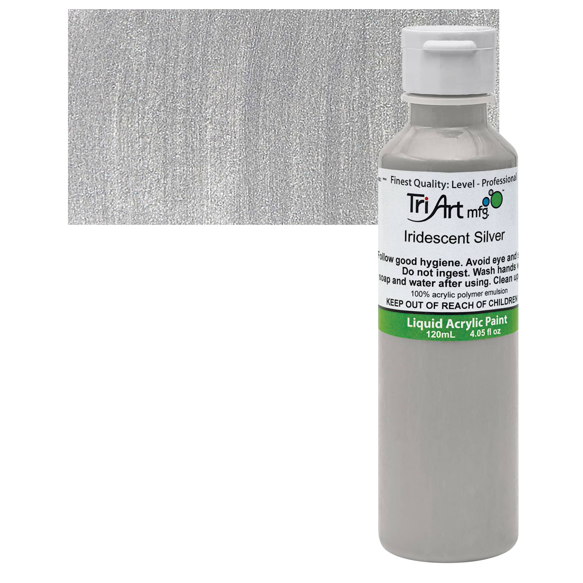 Tri-Art Liquid Artist Acrylic - Iridescent Silver, 120 ml bottle and swatch