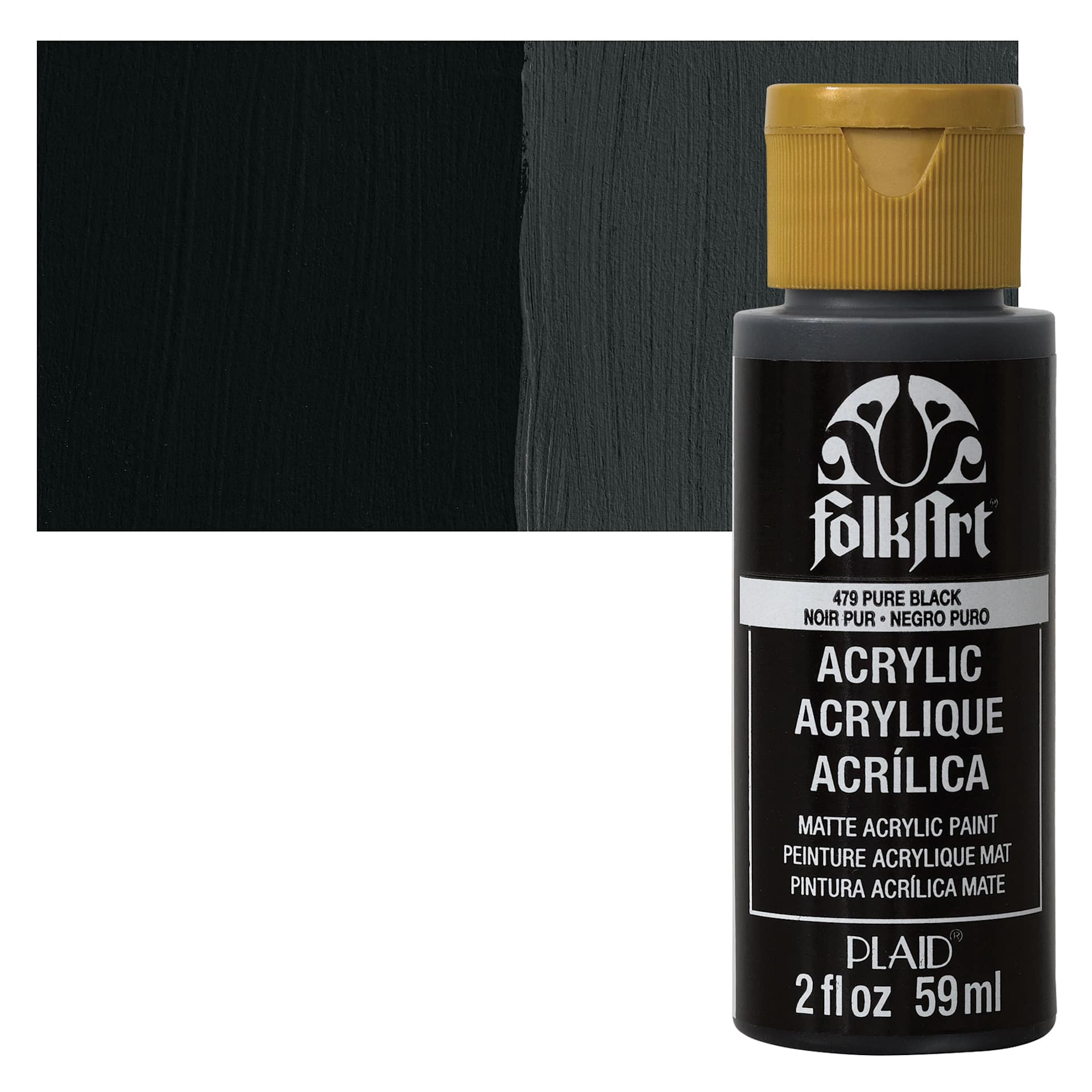 FolkArt Matte Acrylic Paint - Pure Black, 2 oz, Bottle and swatch