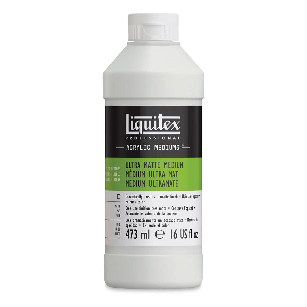 Liquitex Fluids Acrylic Medium - Ultra Matte, 16 oz Bottle. Front of bottle.