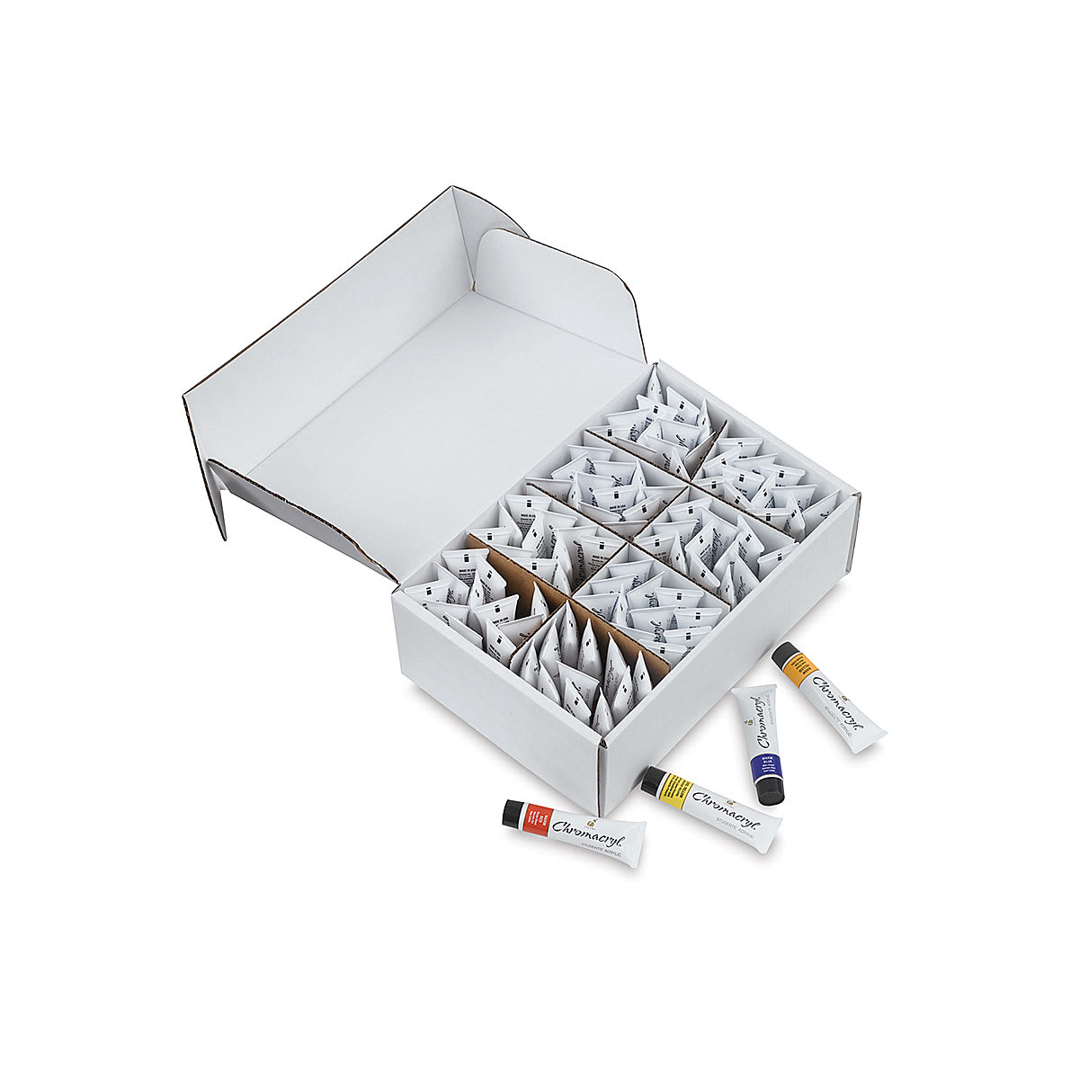 Chromacryl Students' Acrylics - Starter Pack, 8 colors, Pack of 96, 20 ml Tubes open to show tubes