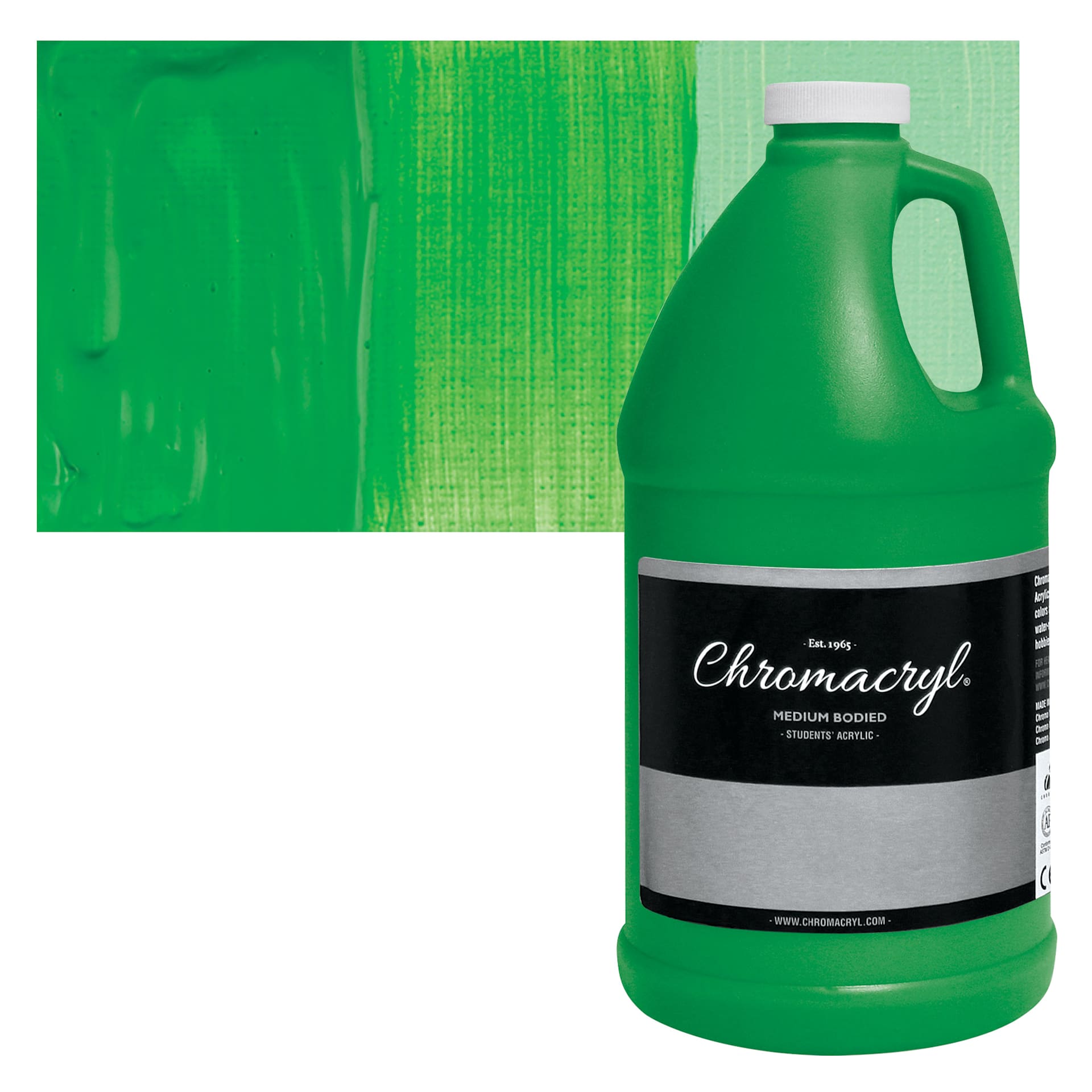 Chromacryl Students' Acrylic - Neon Green, 64 oz bottle and swatch