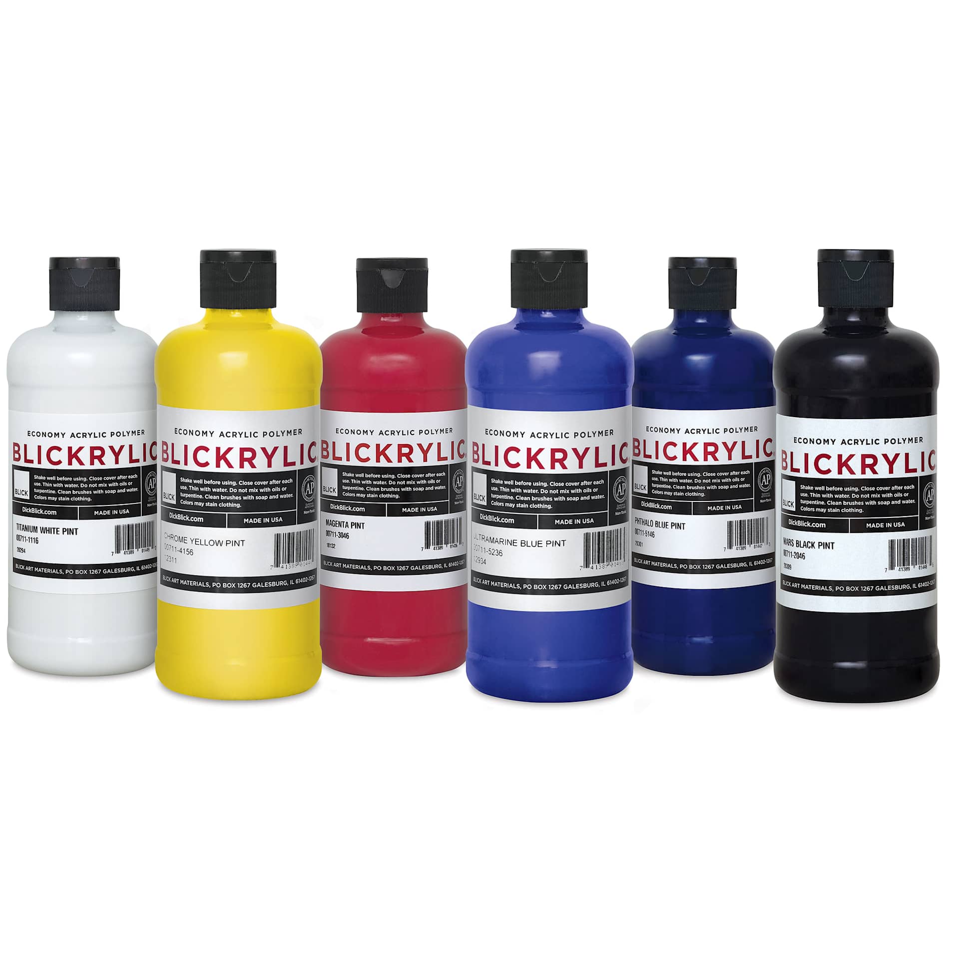 Blickrylic Student Acrylics - Mixing Color Set, Pack of 6 Colors, Pints set contents