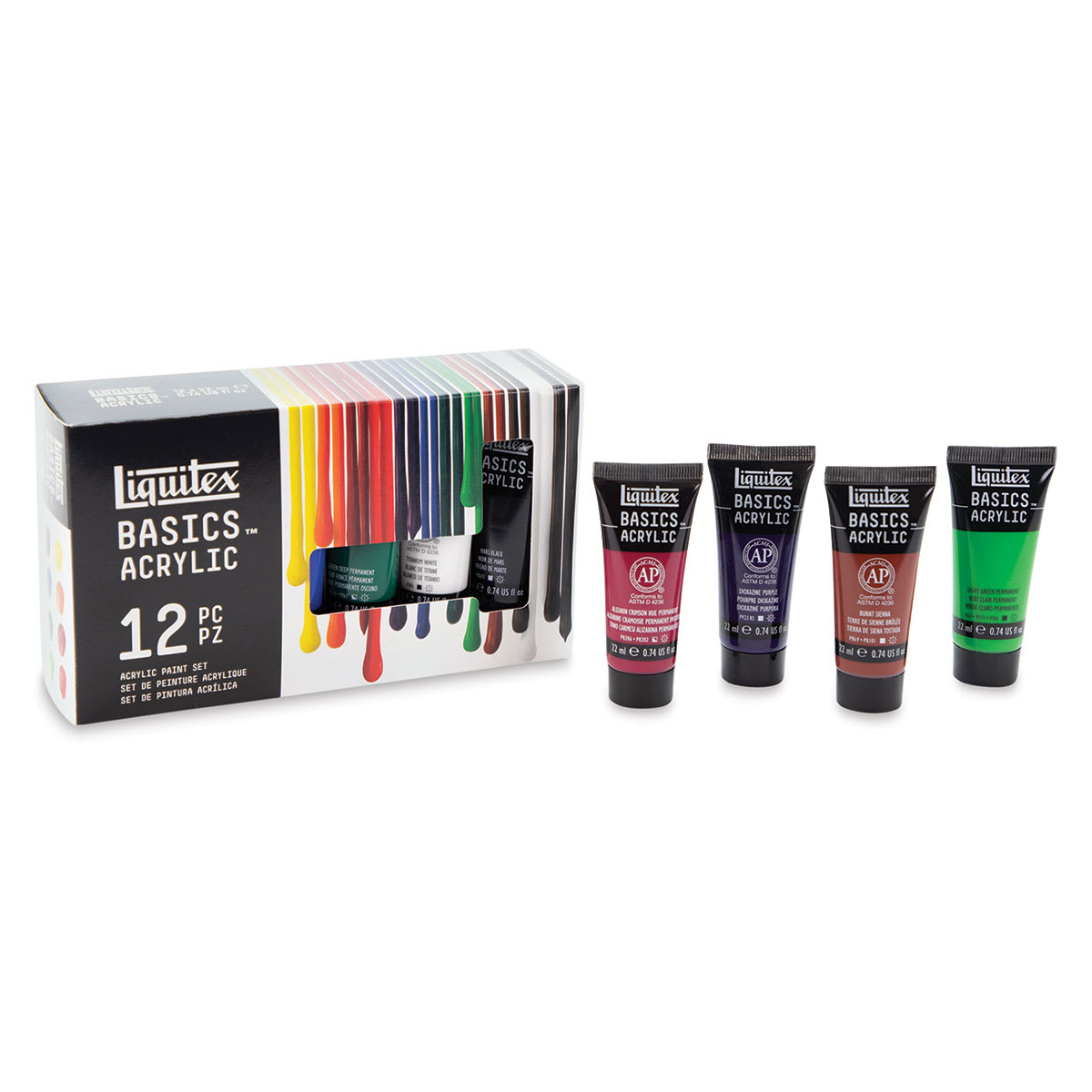 Liquitex Basics Acrylic Paint, Set of 12. Outside of box with four standing tubes. Liquitex Basics Acrylic Paint, Set of 12. Outside of box with four standing tubes.