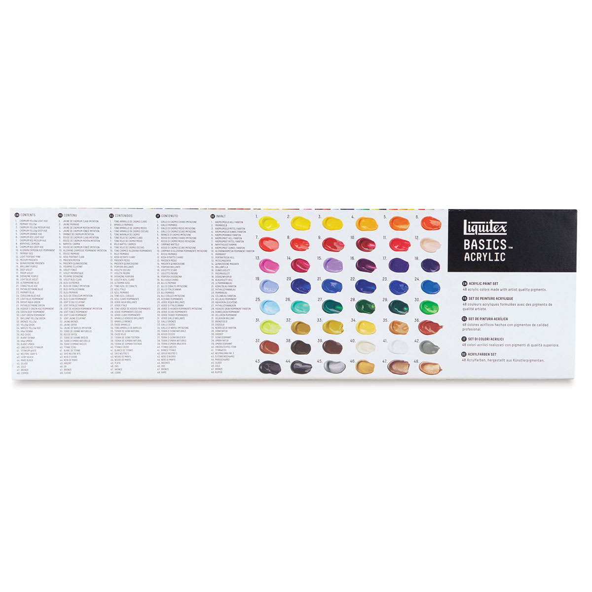 Liquitex Basics Acrylic Set - Set of 48, 0.74 oz Tubes, back of packaging